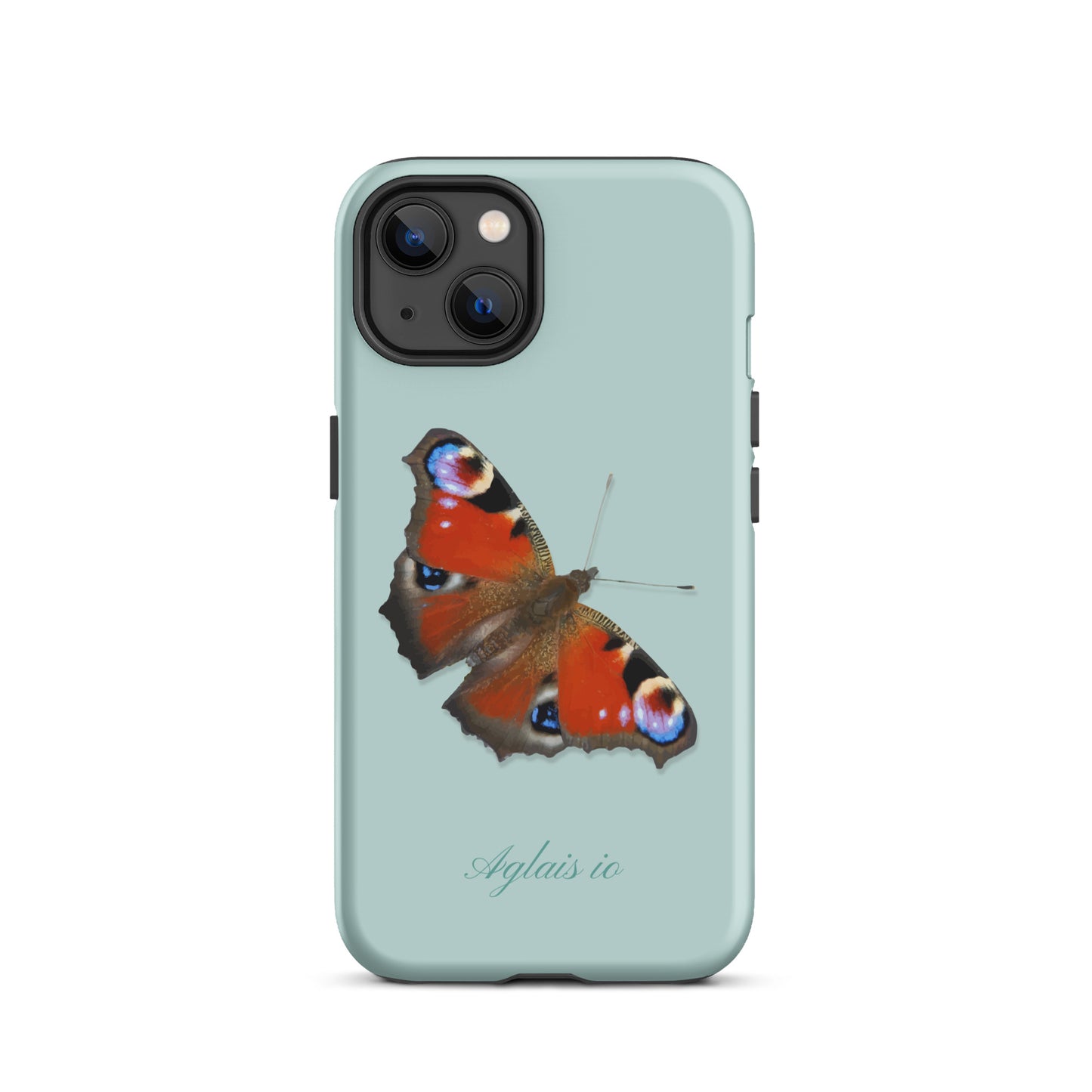 iPhone Case mit Tagpfauenauge-Muster in Hellblau, schützende Handyhülle mit Naturmotiv.