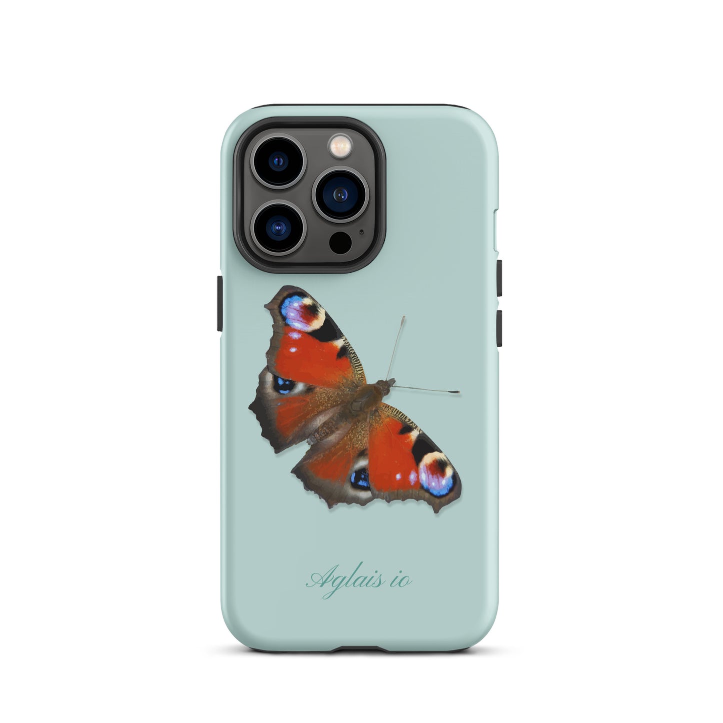Hellblaue iPhone Handyhülle mit Tagpfauenauge-Design, seitliche Ansicht