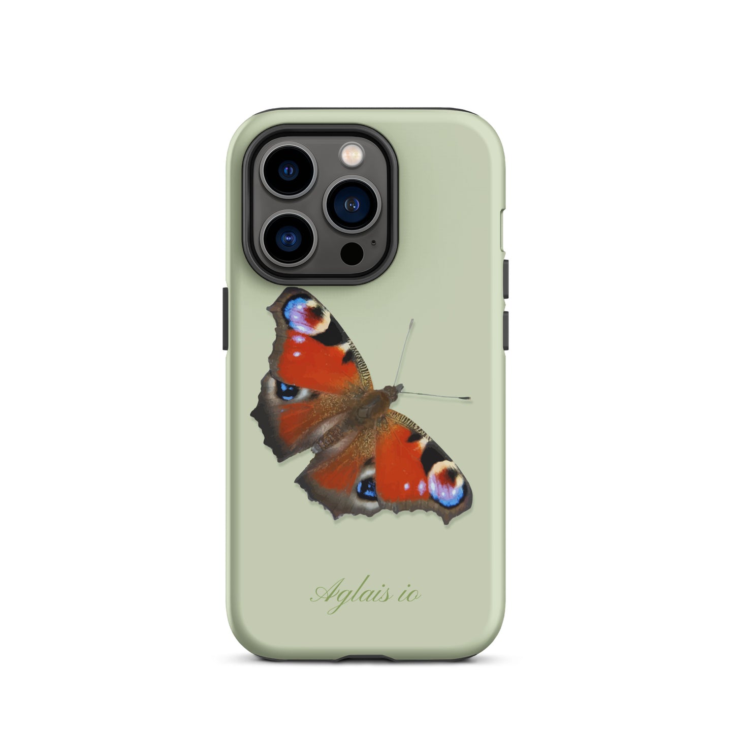 Hellgrüne iPhone-Hülle mit Tagpfauenauge-Design, schützende Handyhülle aus robustem Material