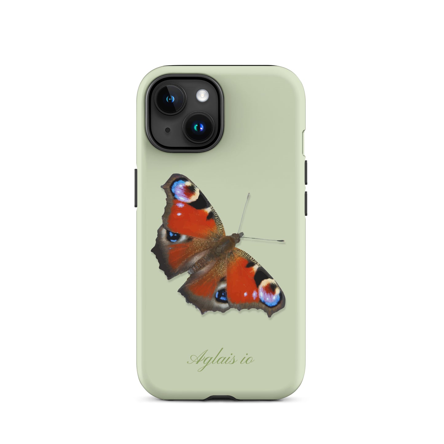 iPhone Case mit Tagpfauenauge-Muster in Hellgrün, schützende Handyhülle mit Naturdesign.