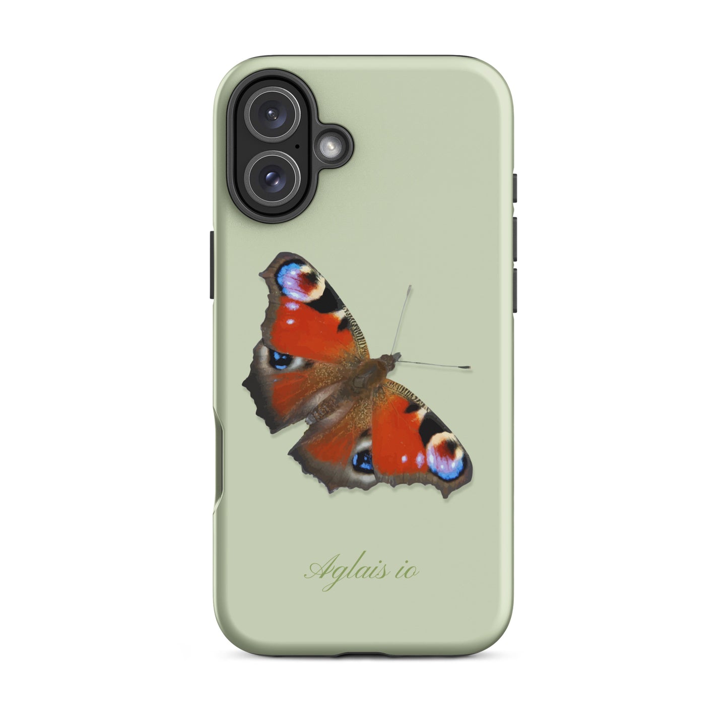 iPhone Case in Hellgrün mit Tagpfauenauge-Muster, schützende Handyhülle aus robustem Material.