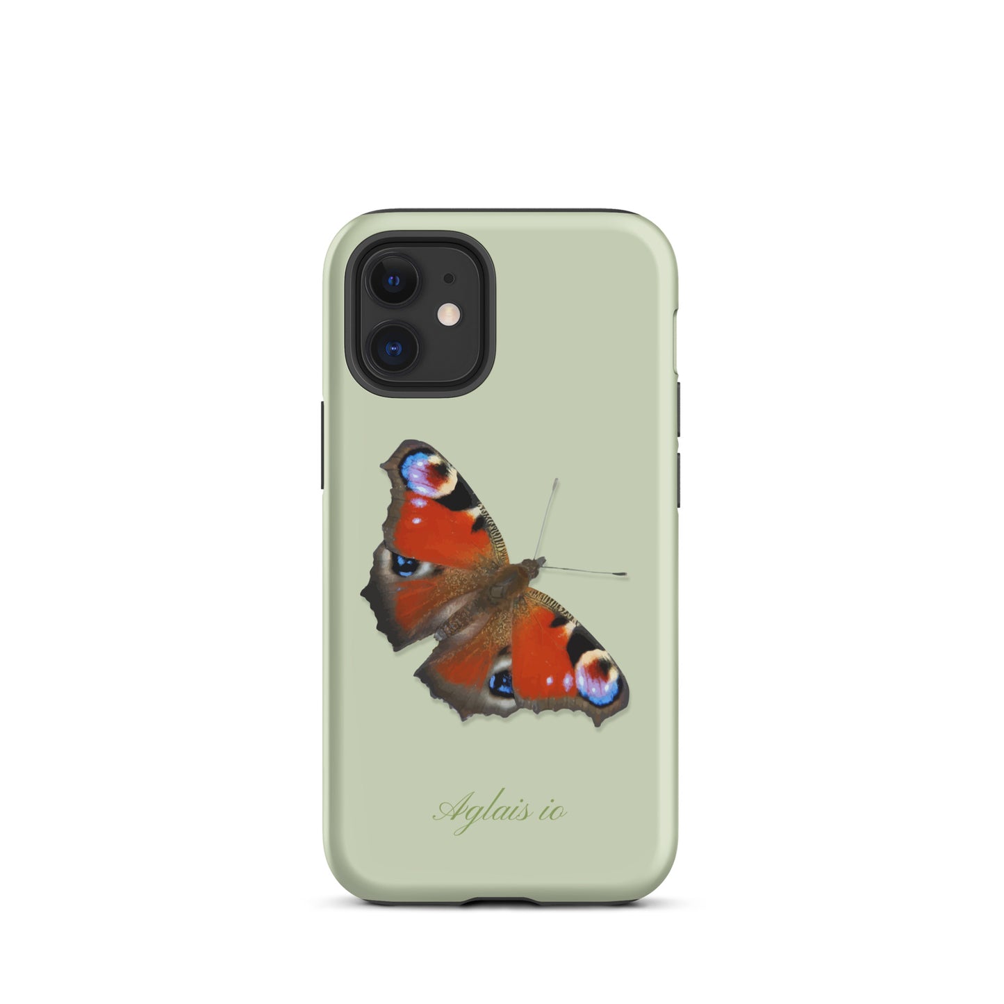 Hellgrüne iPhone Hülle mit Tagpfauenauge-Muster, Seitenansicht.