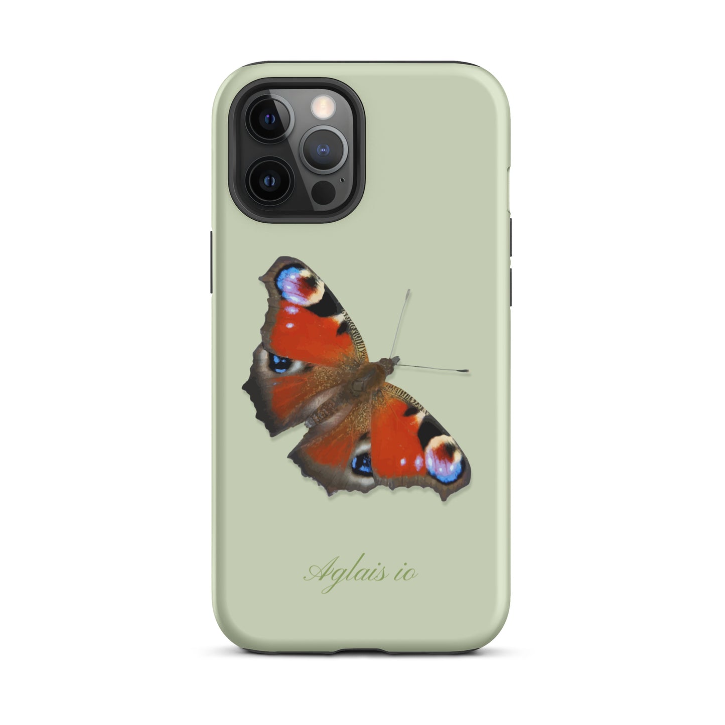 iPhone Handyhülle mit Tagpfauenauge-Design in Hellgrün, Seitenansicht