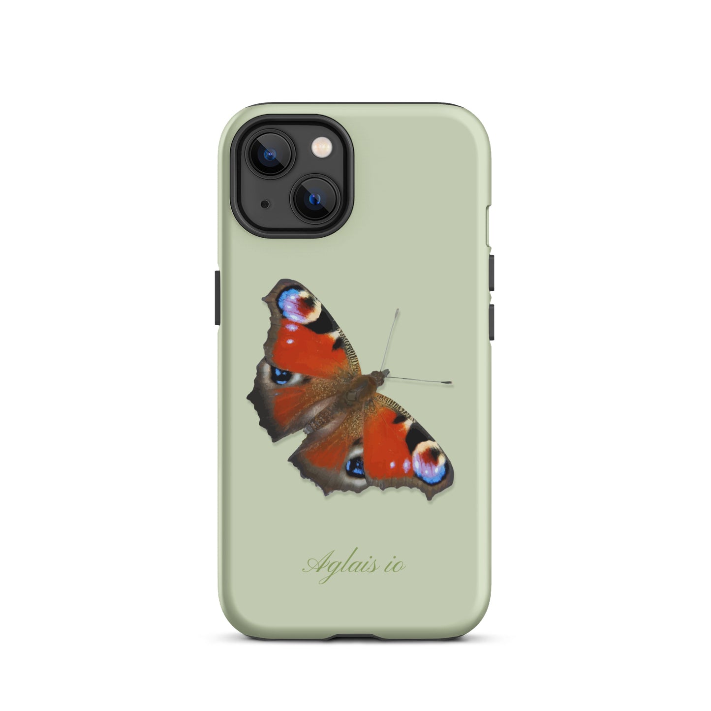 Schlanke iPhone-Hülle mit Tagpfauenauge-Motiv in Hellgrün, Seitenansicht.