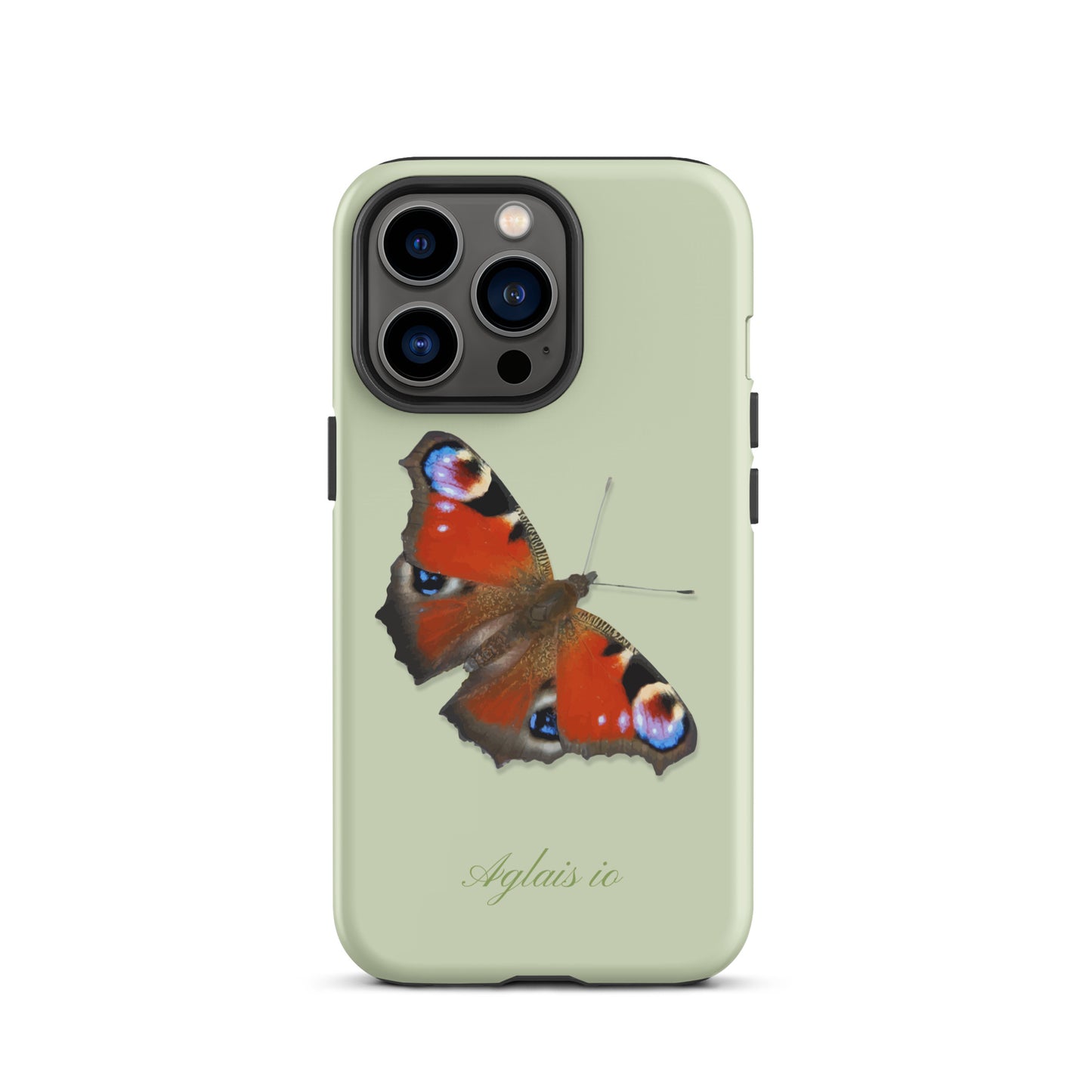 iPhone Case mit Tagpfauenauge-Muster in Hellgrün, seitliche Ansicht.