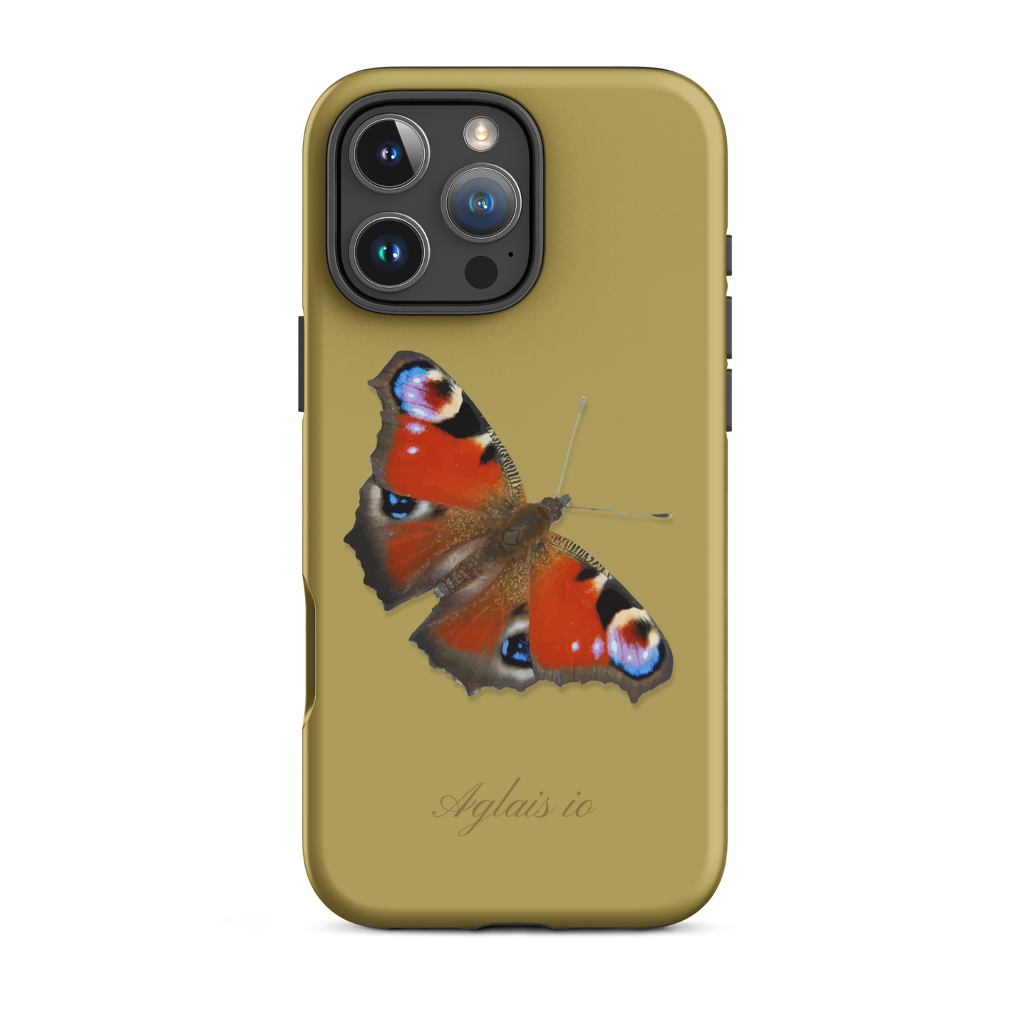 iPhone Case mit Tagpfauenauge-Muster in Ockergelb, schützende Handyhülle mit Naturmotiv.
