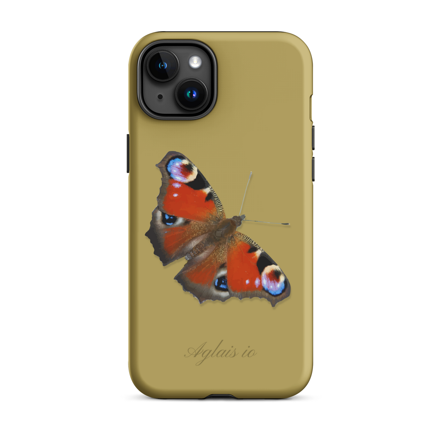iPhone Case mit Tagpfauenauge-Muster in Ockergelb, schützende Handyhülle aus robustem Material.