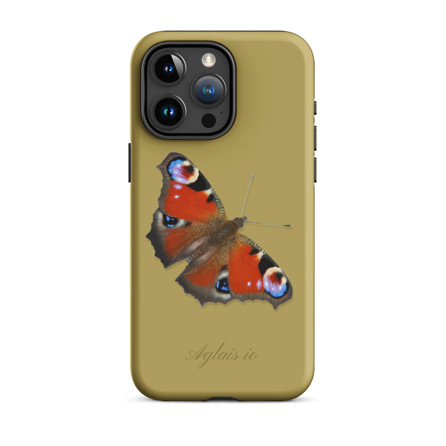 iPhone Case mit Tagpfauenauge-Muster in Ockergelb, schützende Handyhülle mit Naturdesign.