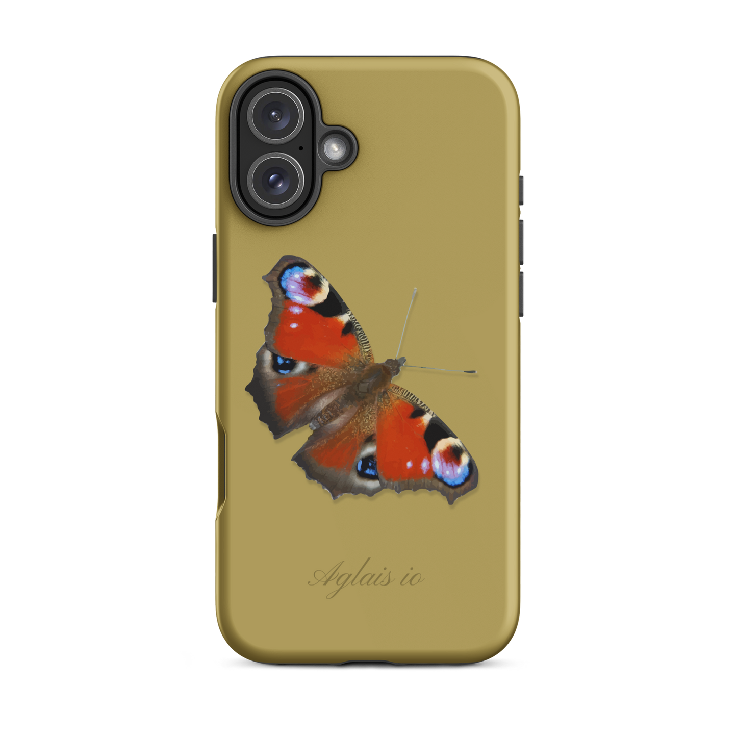 iPhone Hülle mit Tagpfauenauge-Muster in Ockergelb, schützende Handyhülle mit Naturdesign
