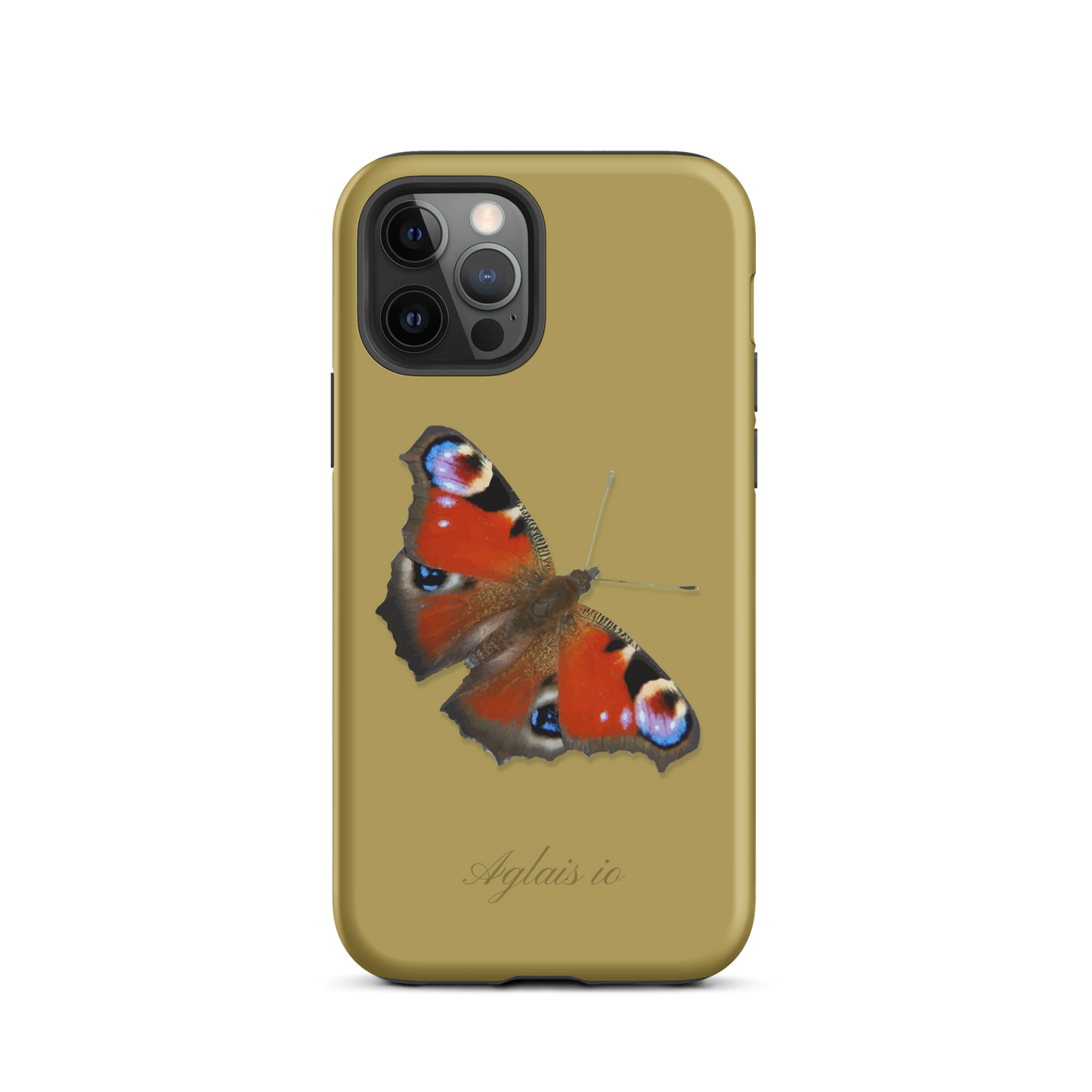 iPhone Case mit Tagpfauenauge-Muster in Ockergelb, schützende Handyhülle mit Naturdesign.