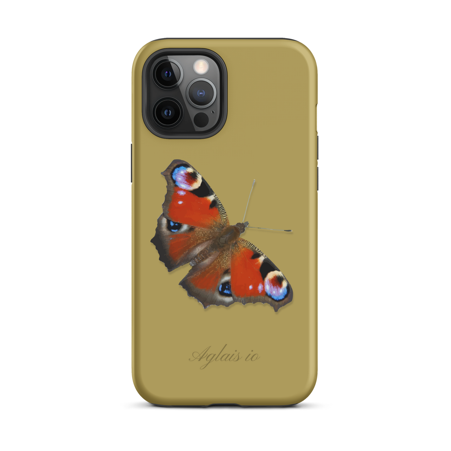 iPhone Hülle mit Tagpfauenauge-Muster in Ockergelb, Kunstlederoptik, Schutzhülle für iPhone.