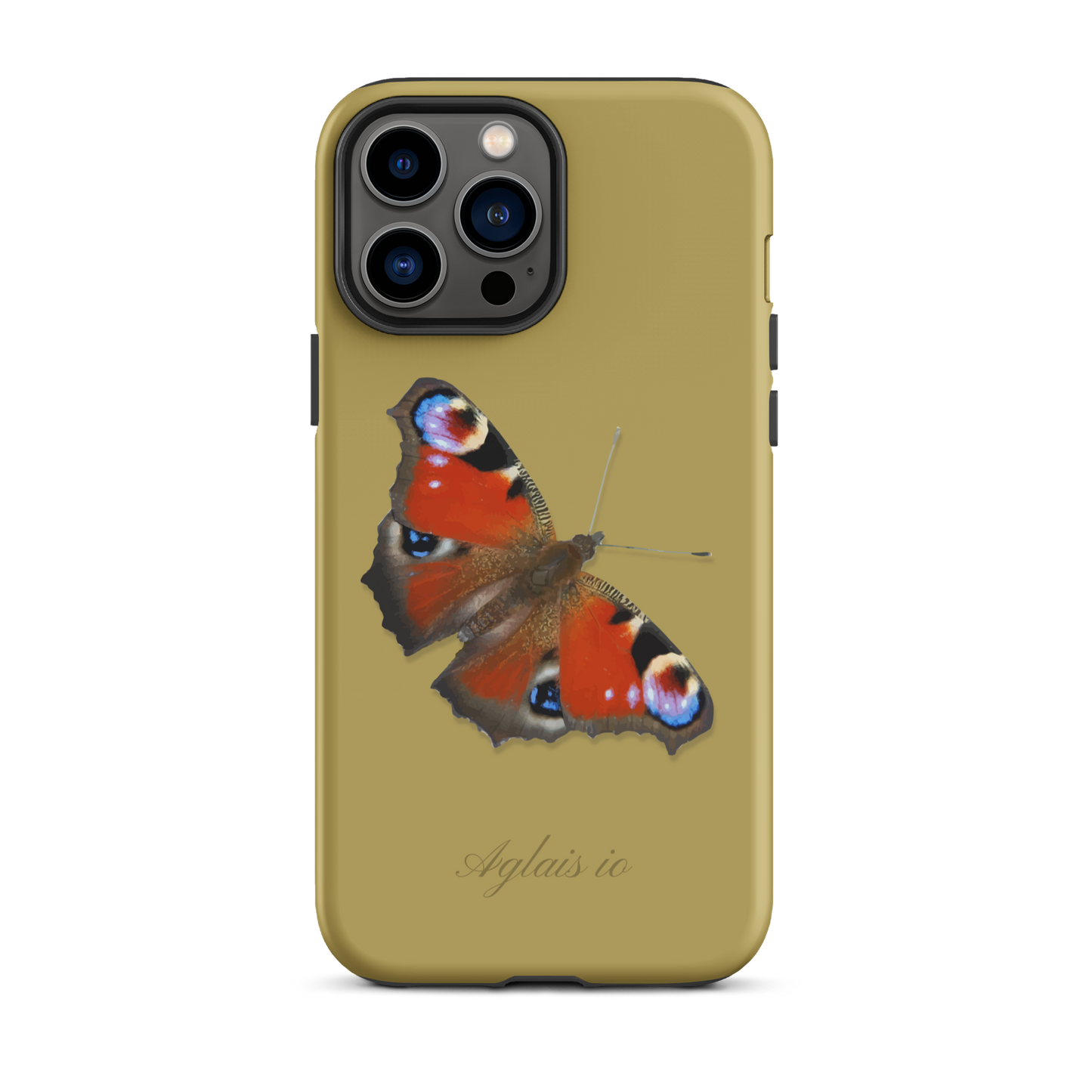 iPhone Hülle mit Tagpfauenauge-Muster in Ockergelb, seitliche Ansicht.