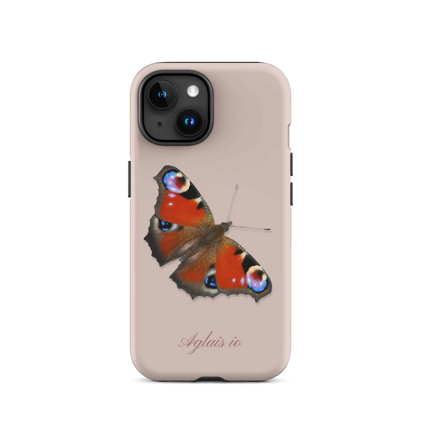 Rosa iPhone Hülle mit Tagpfauenauge Motiv, schützende Handyhülle aus robustem Material.