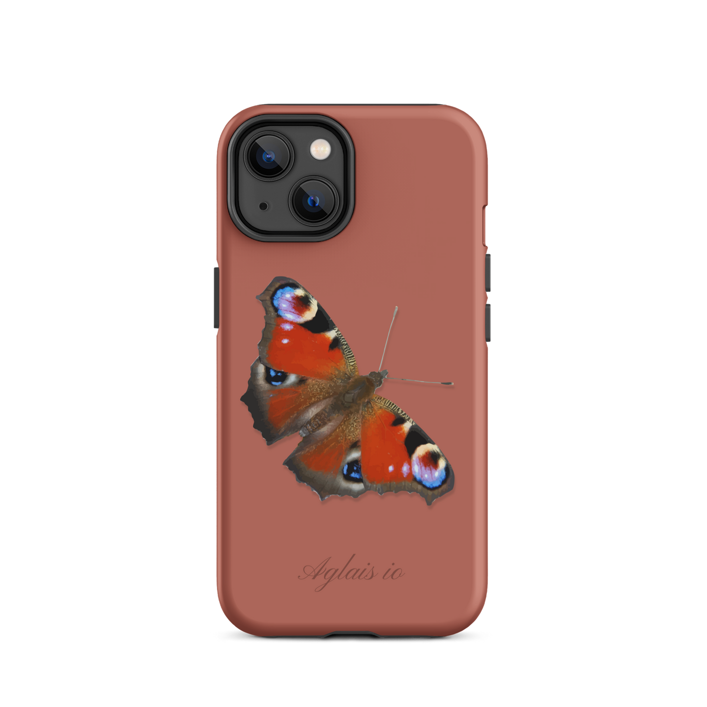 Ziegelrotes iPhone Case mit Tagpfauenauge-Motiv, schützende Handyhülle aus robustem Material.