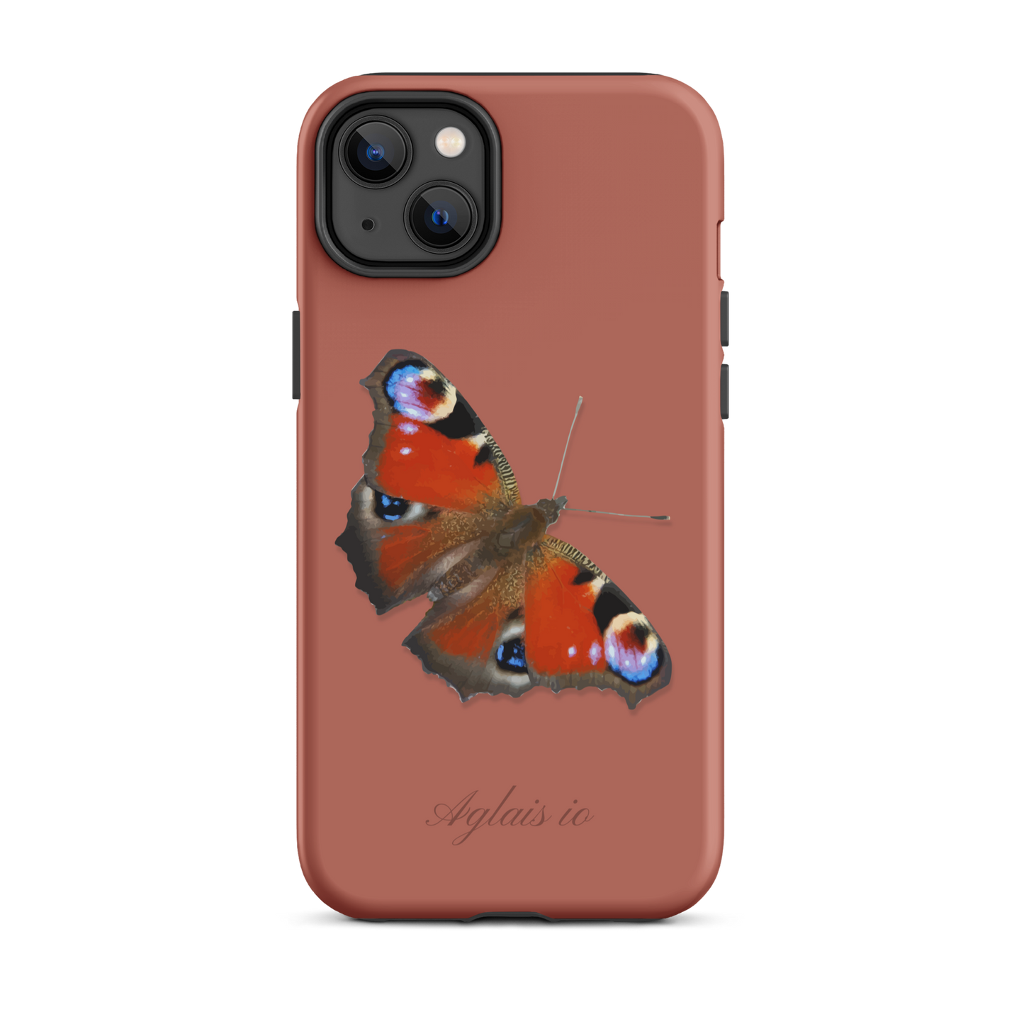 iPhone Case mit Tagpfauenauge-Muster in Ziegelrot, Seitenansicht