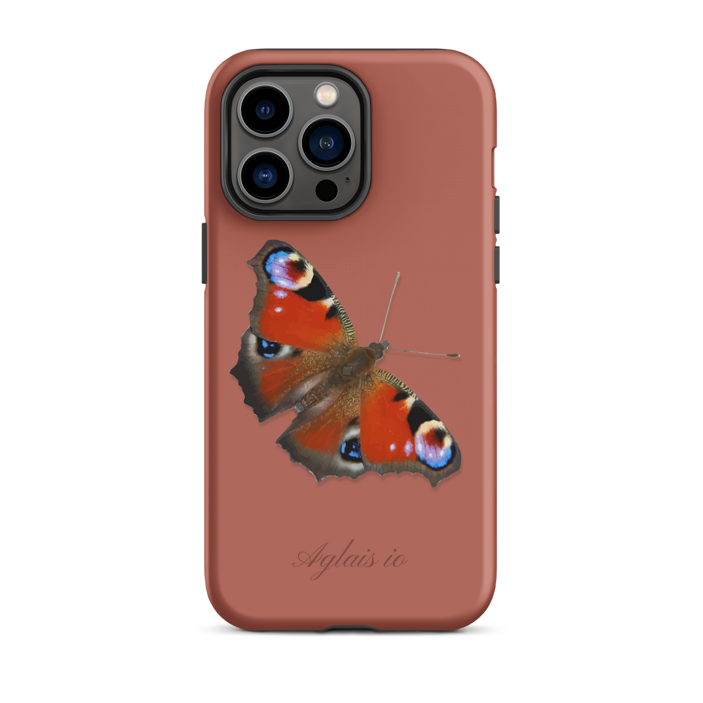 iPhone Hülle mit Tagpfauenauge-Motiv in Ziegelrot, Seitenansicht