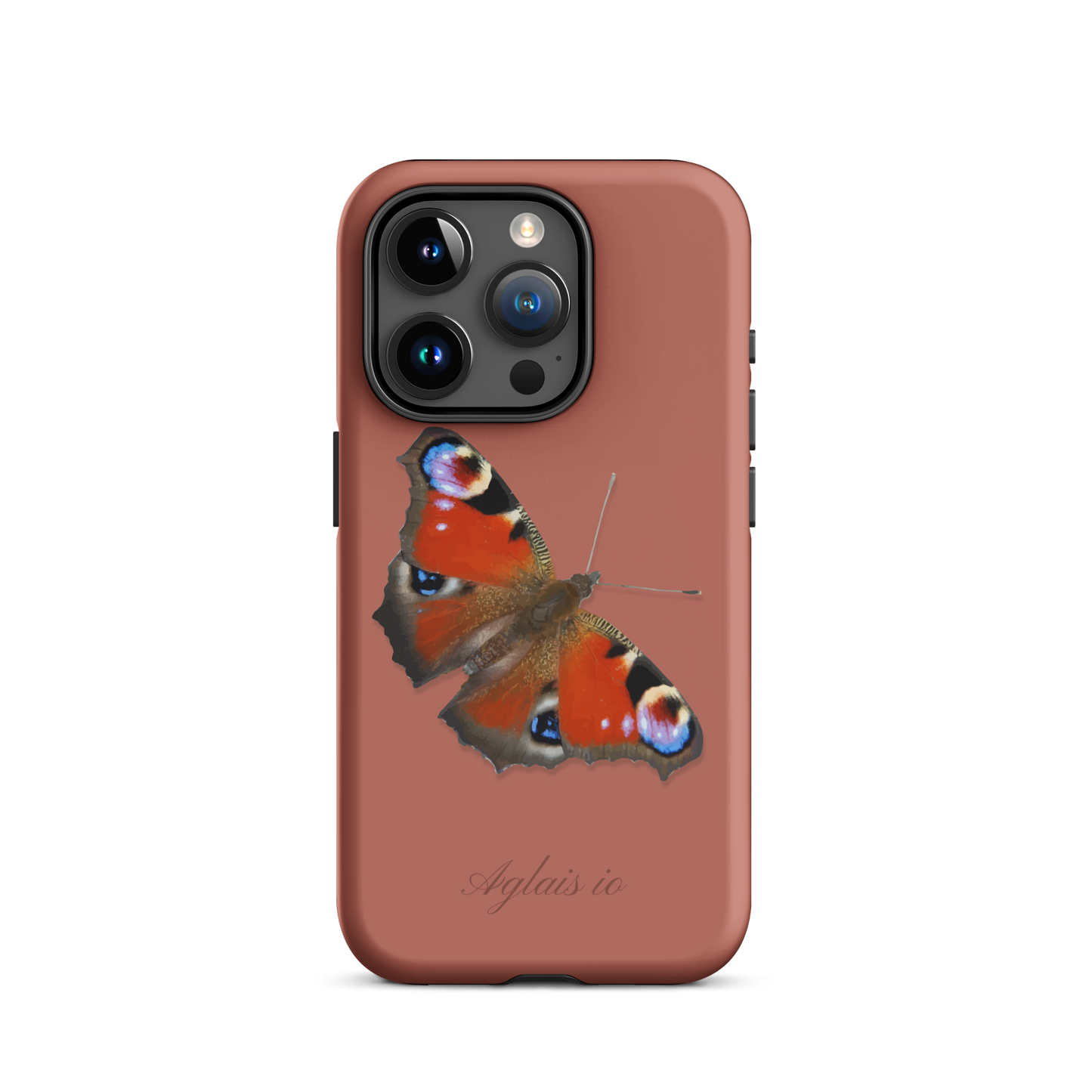 iPhone Case in Ziegelrot mit Tagpfauenauge-Muster, Seitenansicht