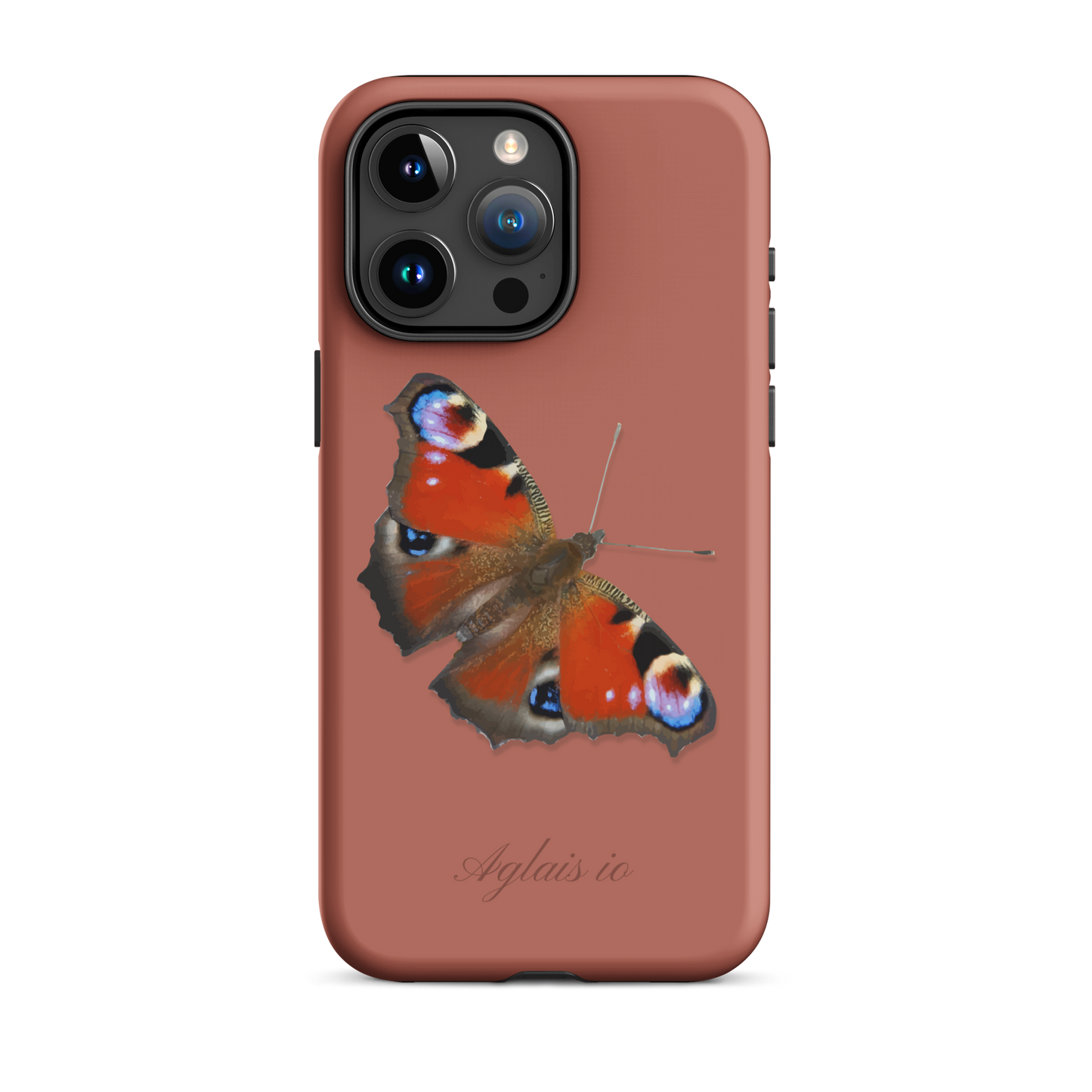 iPhone Hülle mit Tagpfauenauge-Muster in Ziegelrot, seitliche Ansicht