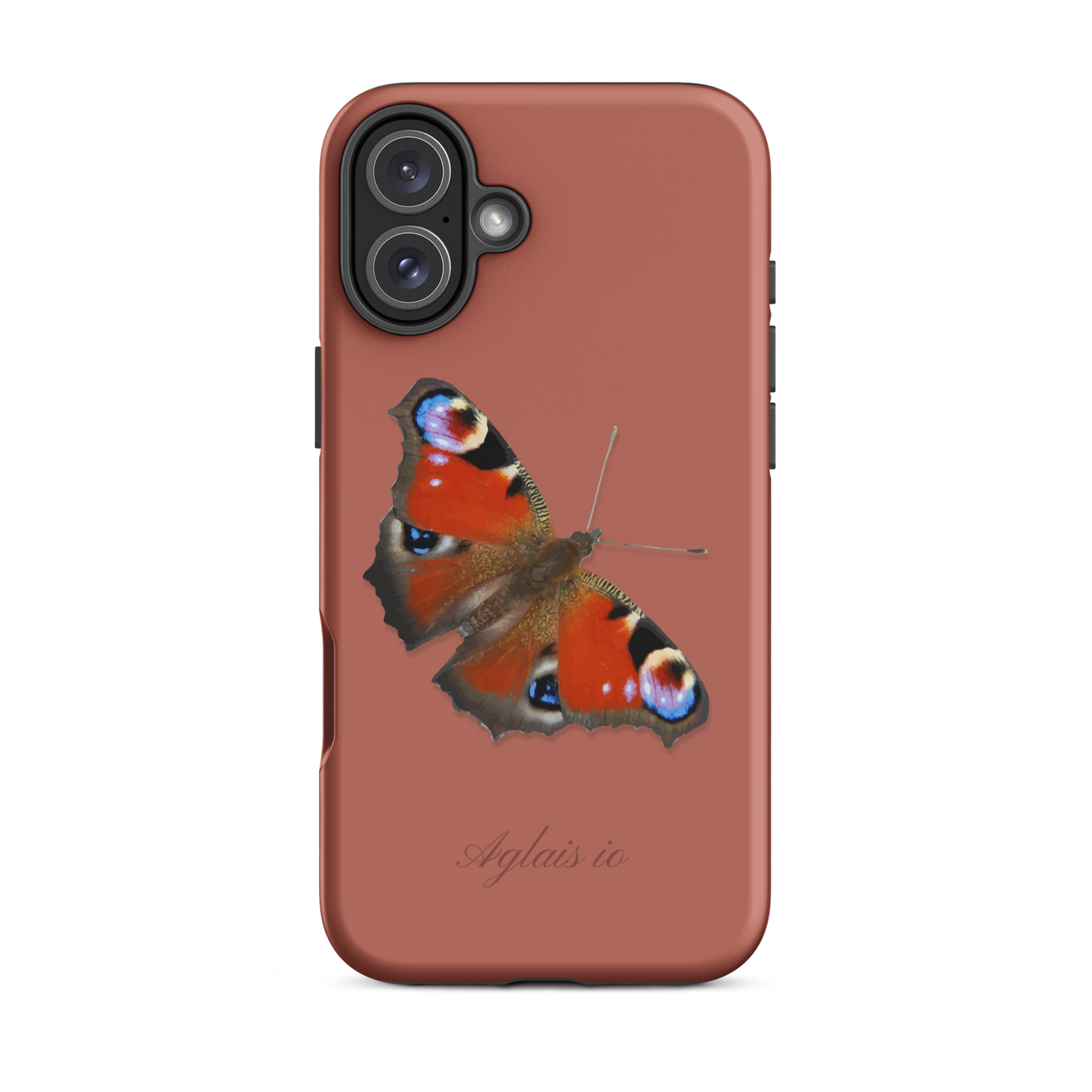 iPhone-Hülle mit Tagpfauenauge-Motiv in Ziegelrot, seitliche Ansicht