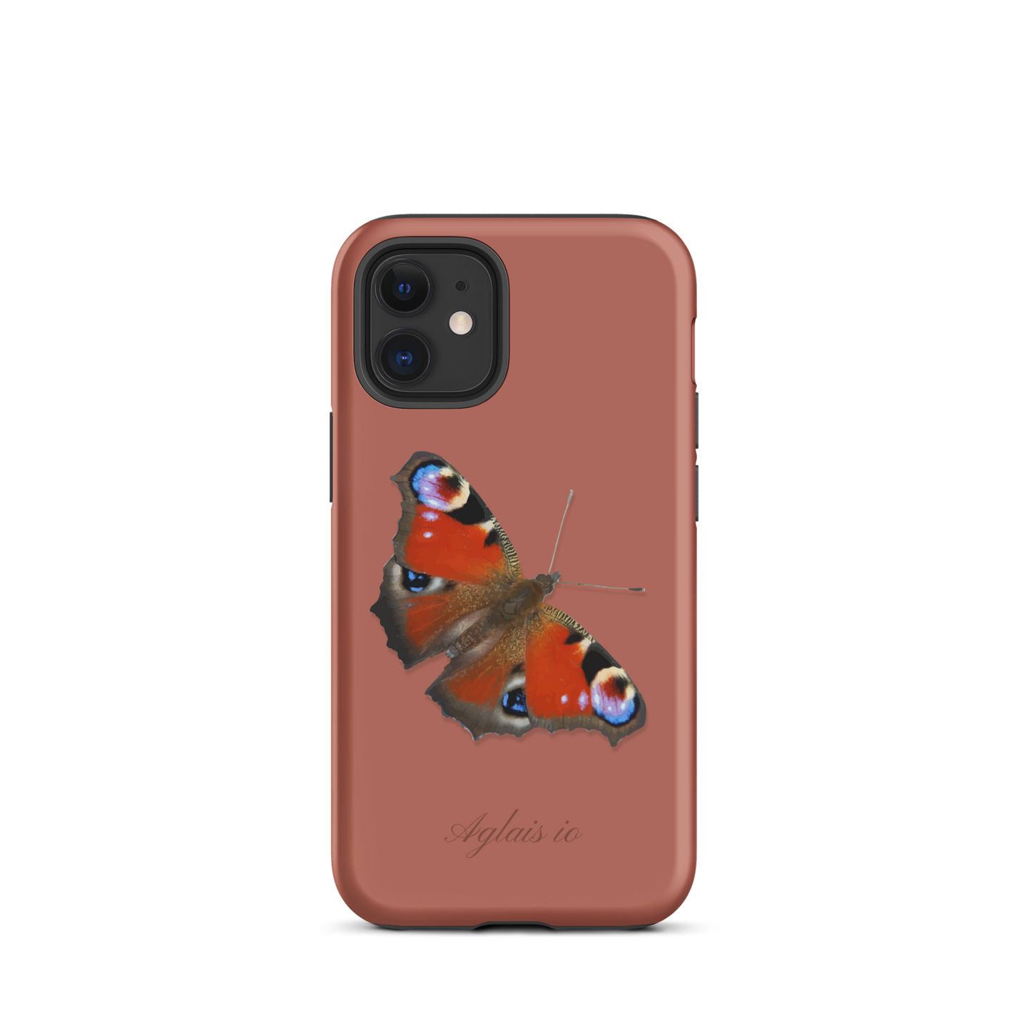 iPhone Hülle mit Tagpfauenauge-Muster in Ziegelrot, Seitenansicht