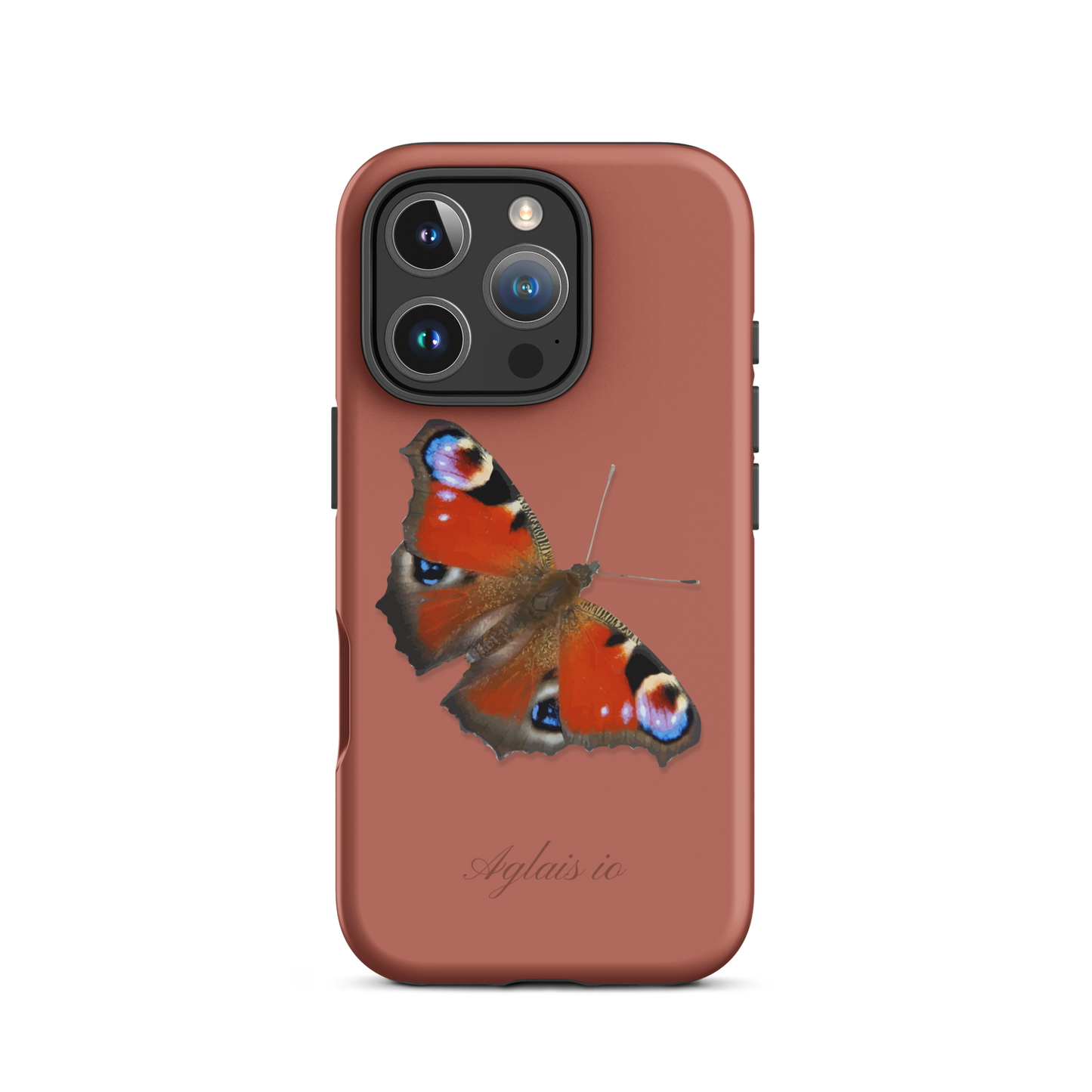 iPhone Case mit Tagpfauenauge-Muster in Ziegelrot, Seitenansicht