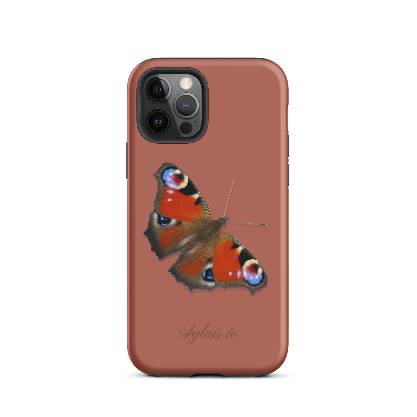 Ziegelrotes iPhone Case mit Tagpfauenauge-Muster, seitliche Ansicht.