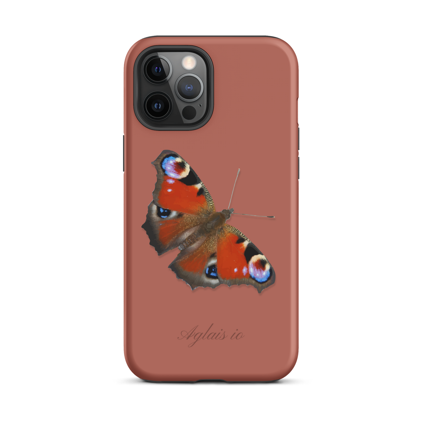 iPhone Hülle mit Tagpfauenauge-Motiv in Ziegelrot, Seitenansicht