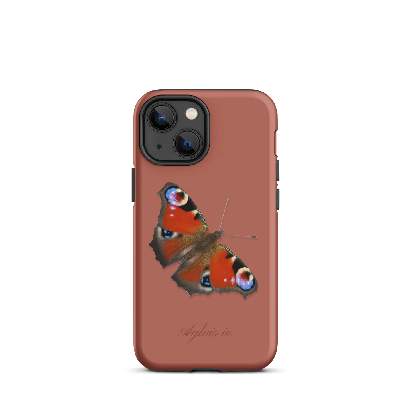 iPhone Case mit Tagpfauenauge-Muster in Ziegelrot, seitliche Ansicht
