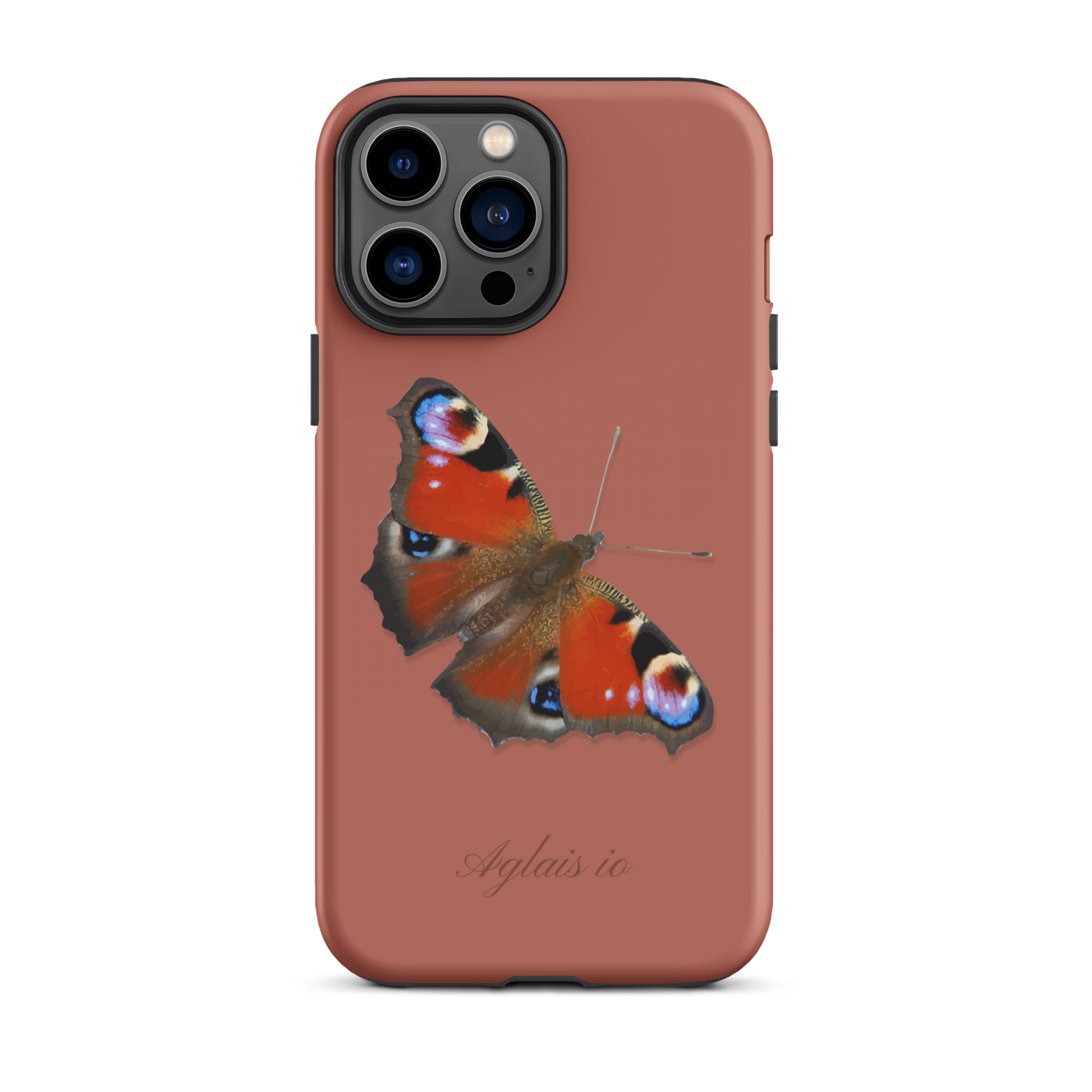iPhone Hülle mit Tagpfauenauge-Muster in Ziegelrot, Seitenansicht