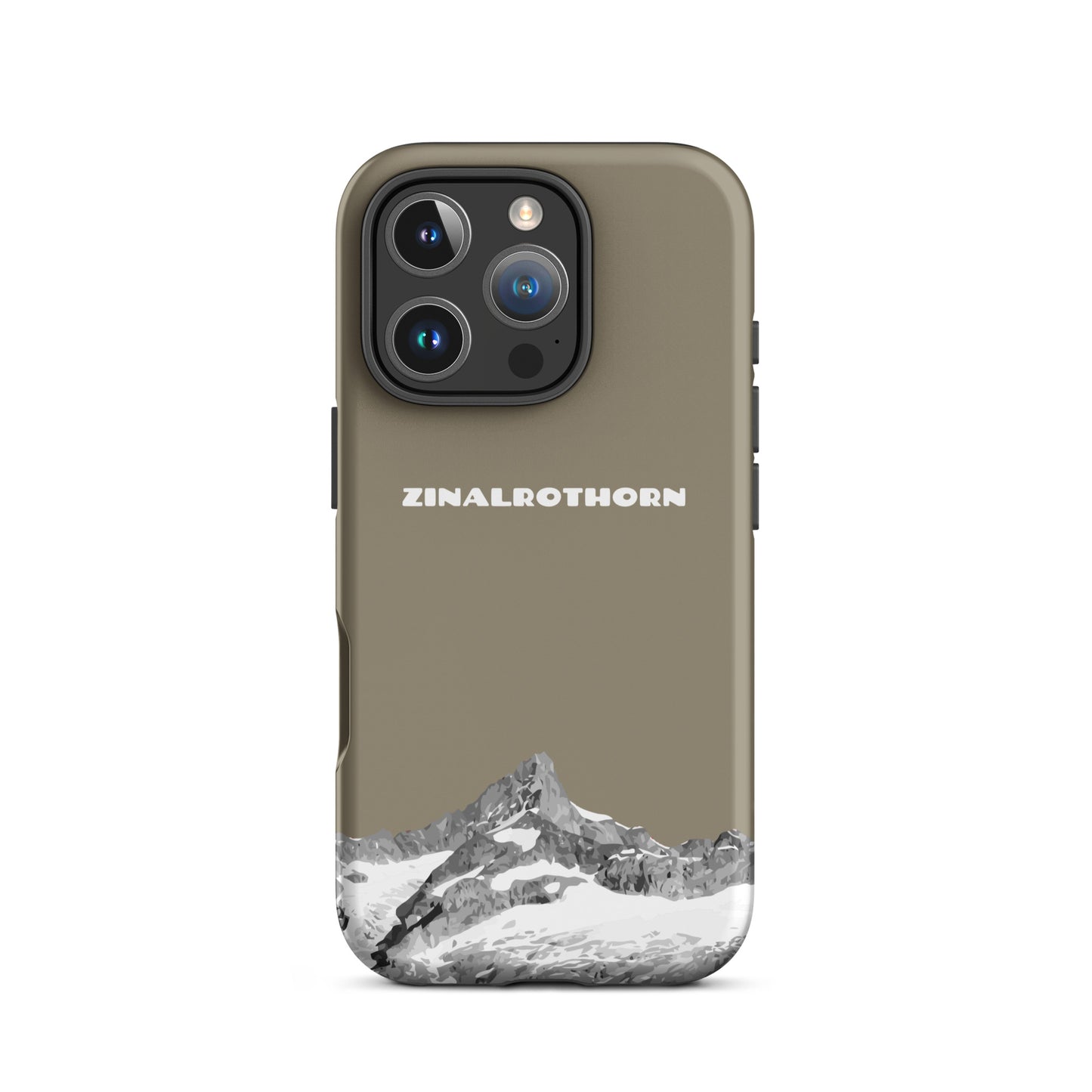 Graubraune iPhone 16 Pro Hard Case mit Zinalrothorn-Bergmotiv, robust und stylisch für Outdoor-Fans.