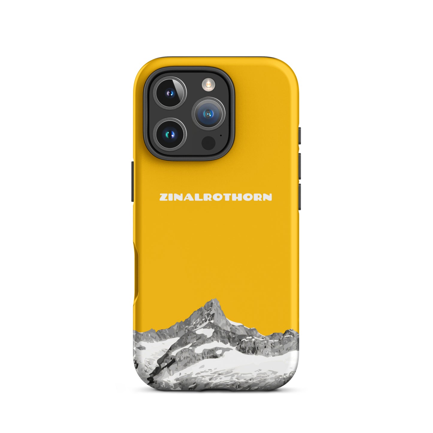 Goldgelbe iPhone 16 Pro Hard Case mit Zinalrothorn-Bergmotiv aus dem Wallis