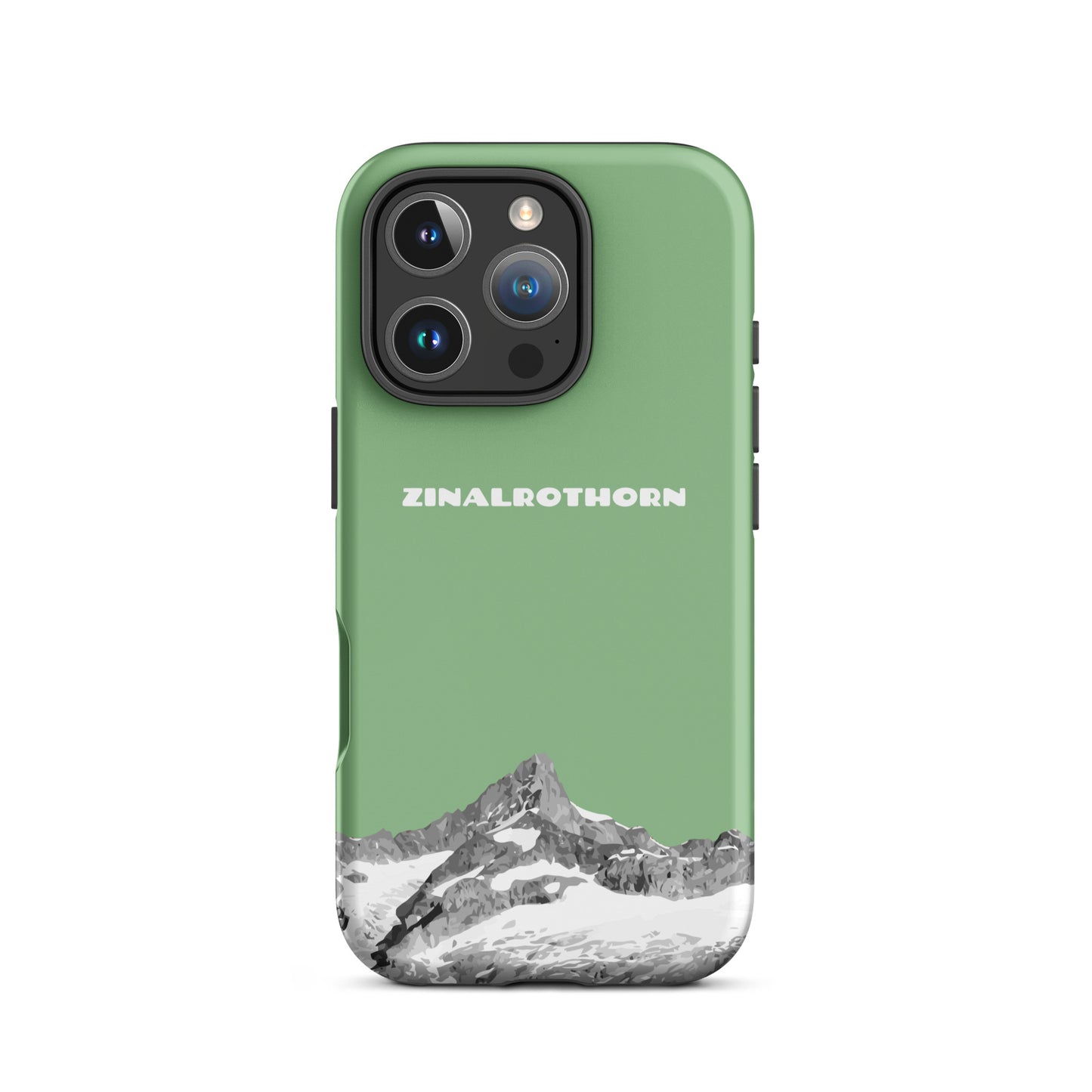 iPhone 16 Pro Hard Case in Hellgrün mit Zinalrothorn-Bergmotiv, robust und stylisch.