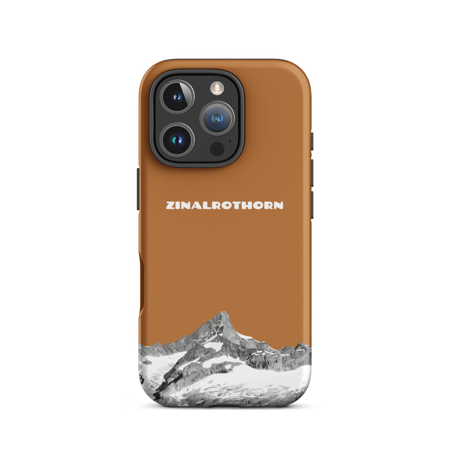 Kupferfarbenes iPhone 16 Pro Hard Case mit Zinalrothorn-Motiv, robuste Handyhülle mit Alpenpanorama aus dem Wallis