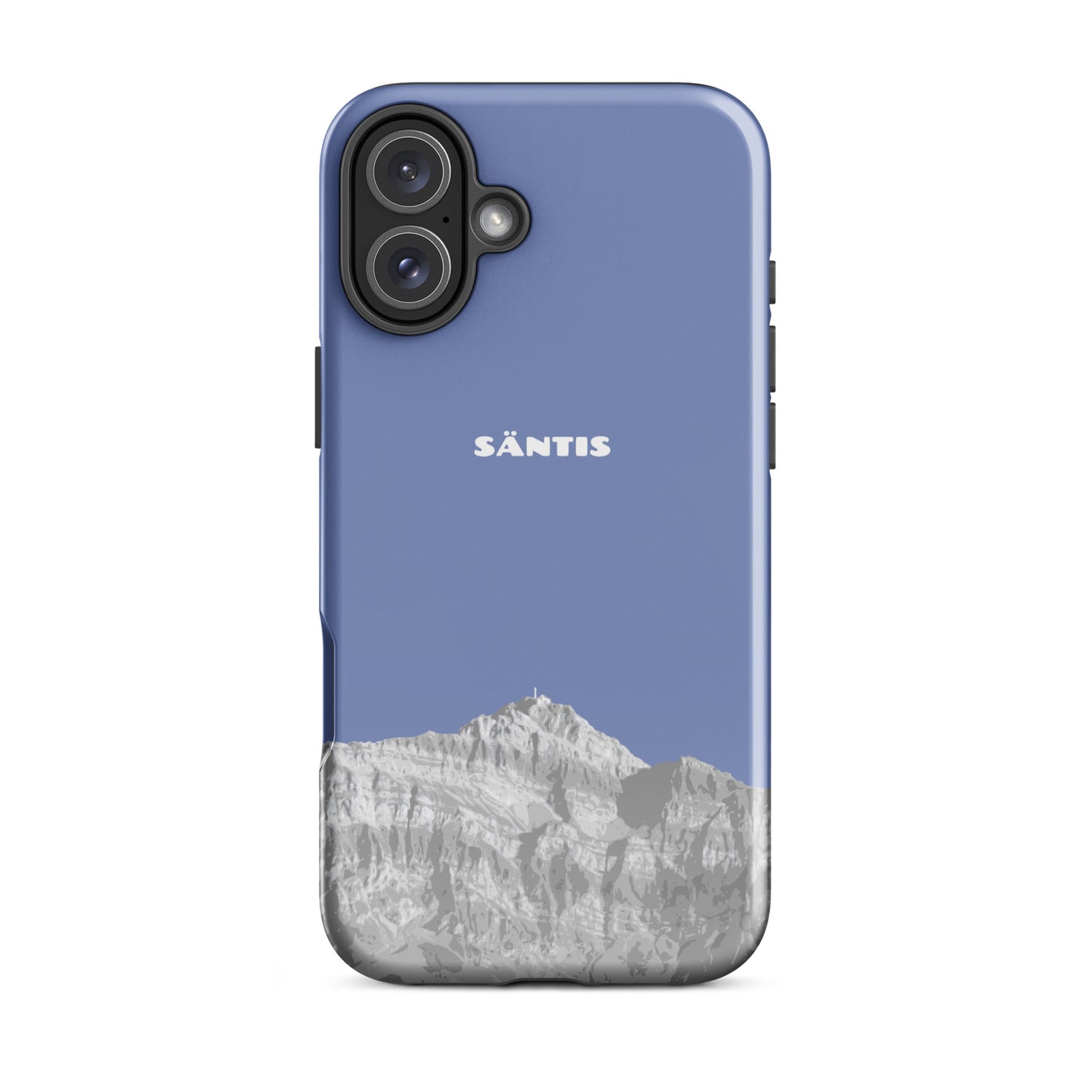 iPhone 16 Plus Hülle in Pastellblau mit Säntis Motiv, Vorderansicht