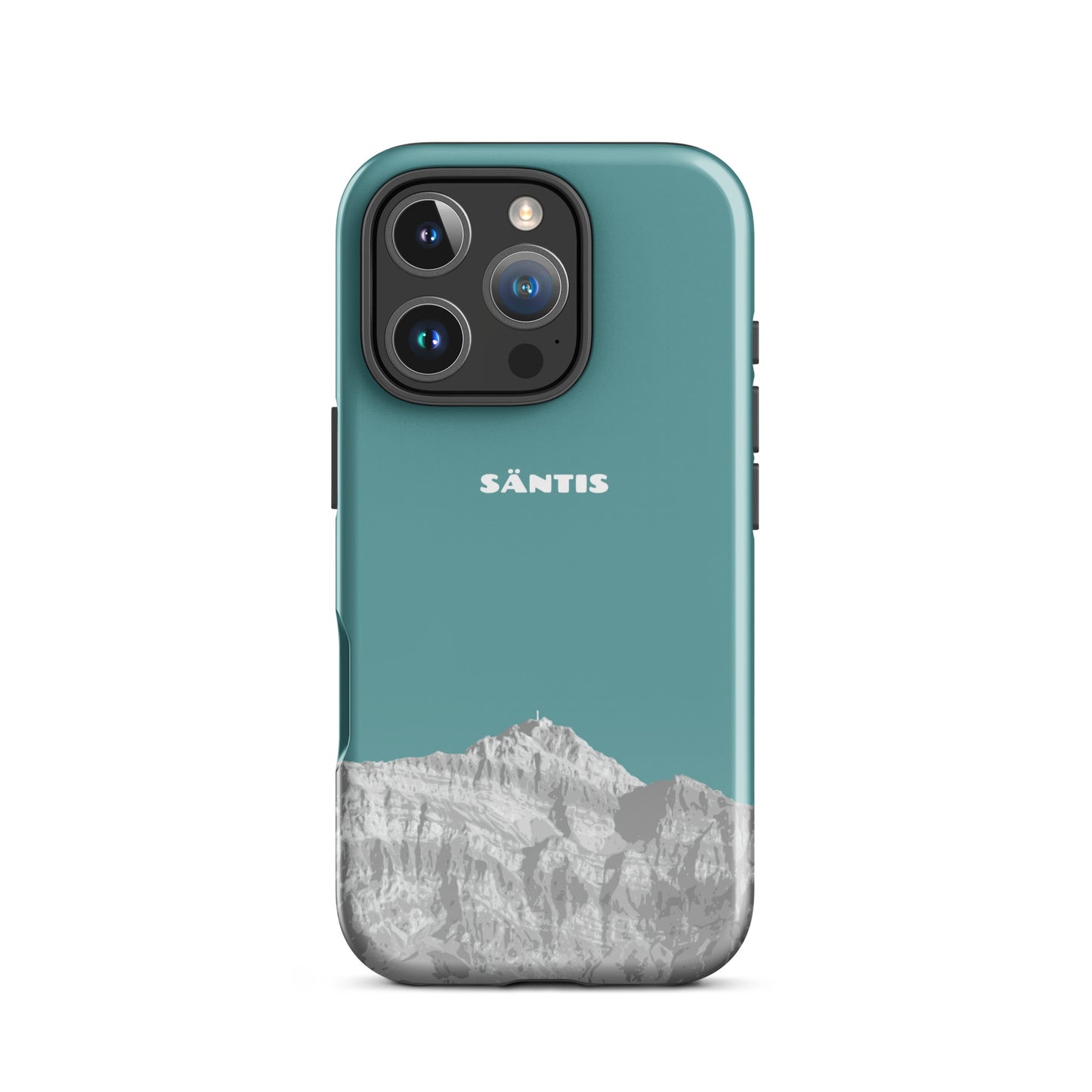 iPhone Case Säntis in Kadettenblau, glänzende Oberfläche, Vorderansicht mit Ausschnitt für Kamera und Display.