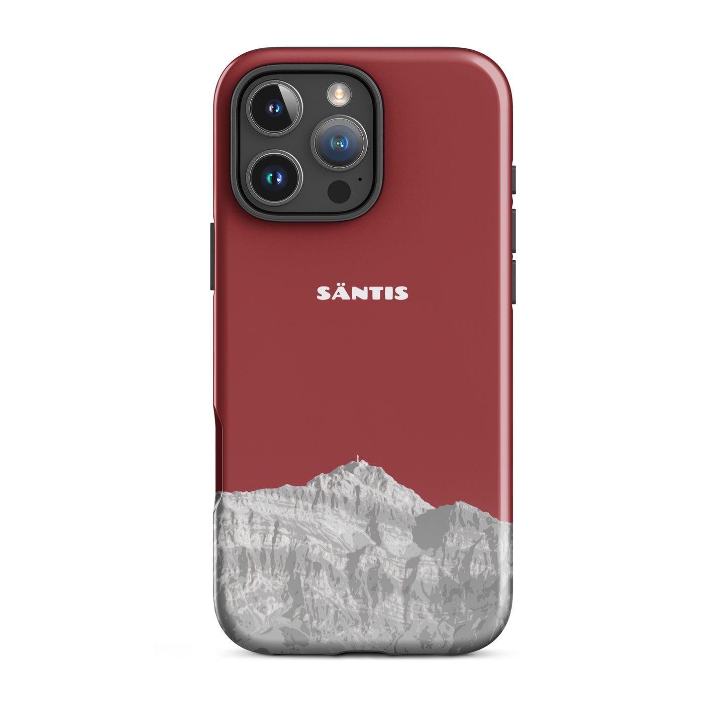 Rote iPhone Hülle mit Säntis-Design, glänzende Oberfläche, Schutzhülle für iPhone 16 Pro Max.