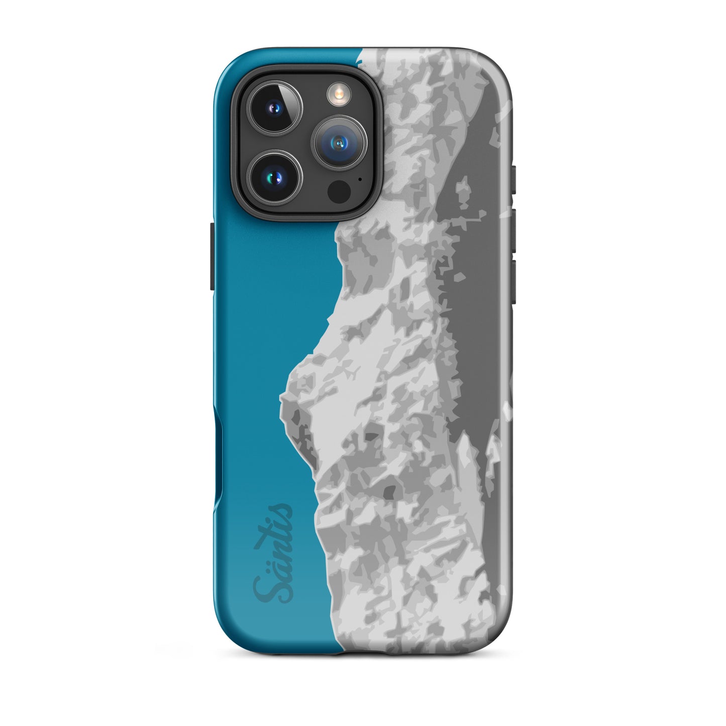 Blaue iPhone 16 Pro Max Handyhülle mit Säntis-Design, robuste Schutzhülle aus hartem Kunststoff.