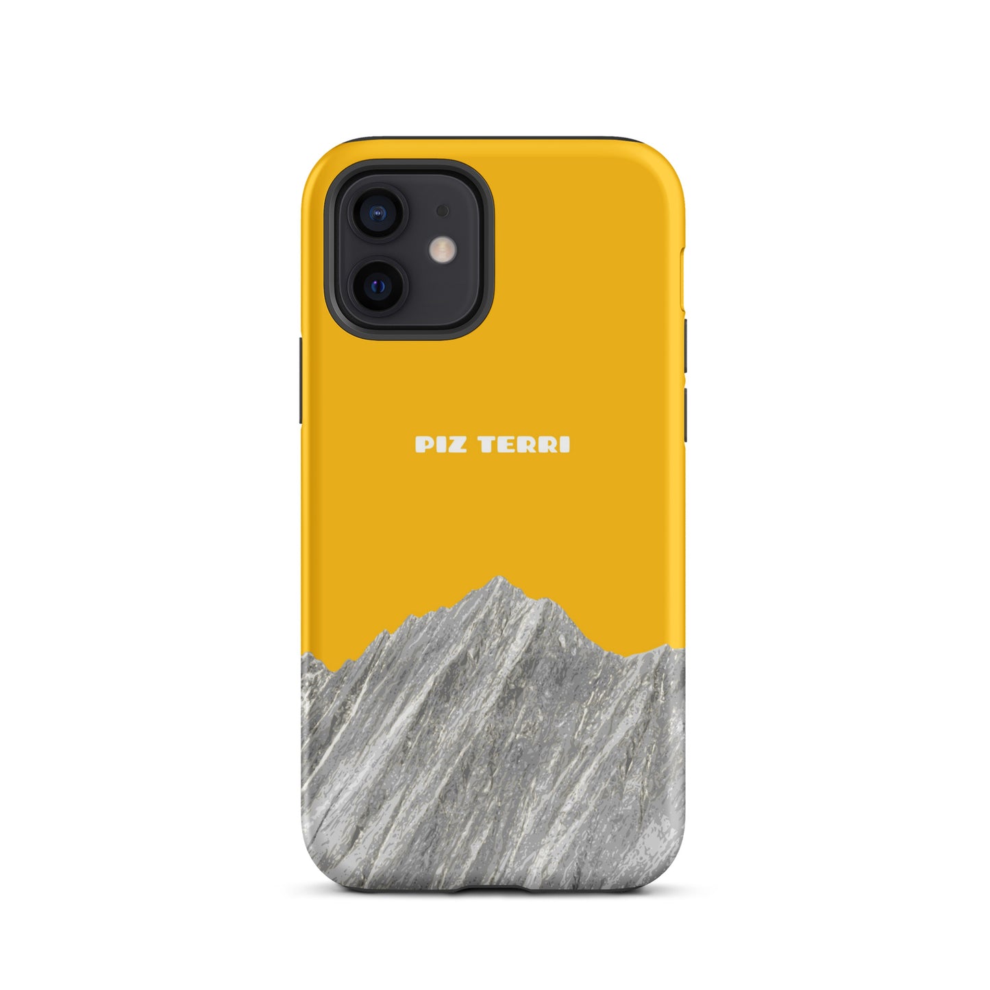 Matte iPhone 12 Hülle in Goldgelb mit Piz Terri Motiv, Vorderansicht