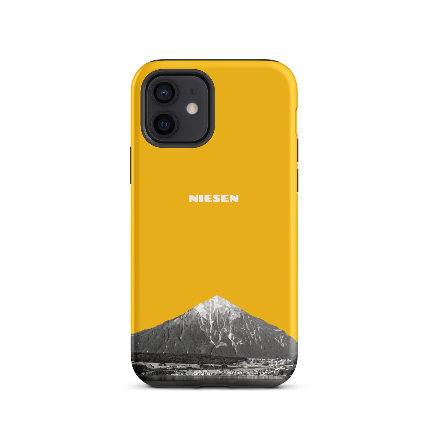 Goldgelbe iPhone 12 Schutzhülle mit Niesen-Motiv am Thunersee im Berner Oberland, Vorderansicht.