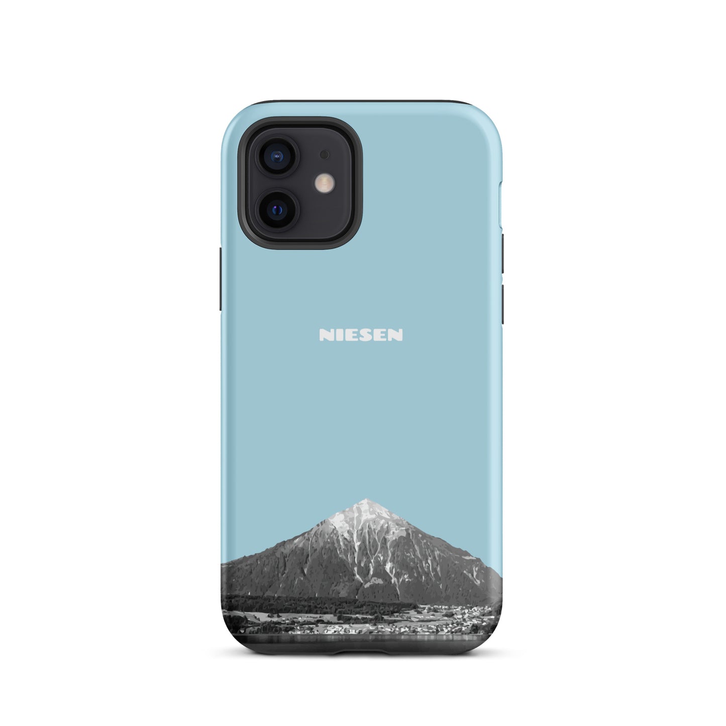 Matte Handyhülle für iPhone 12 in Hellblau mit Niesen-Motiv aus dem Berner Oberland.