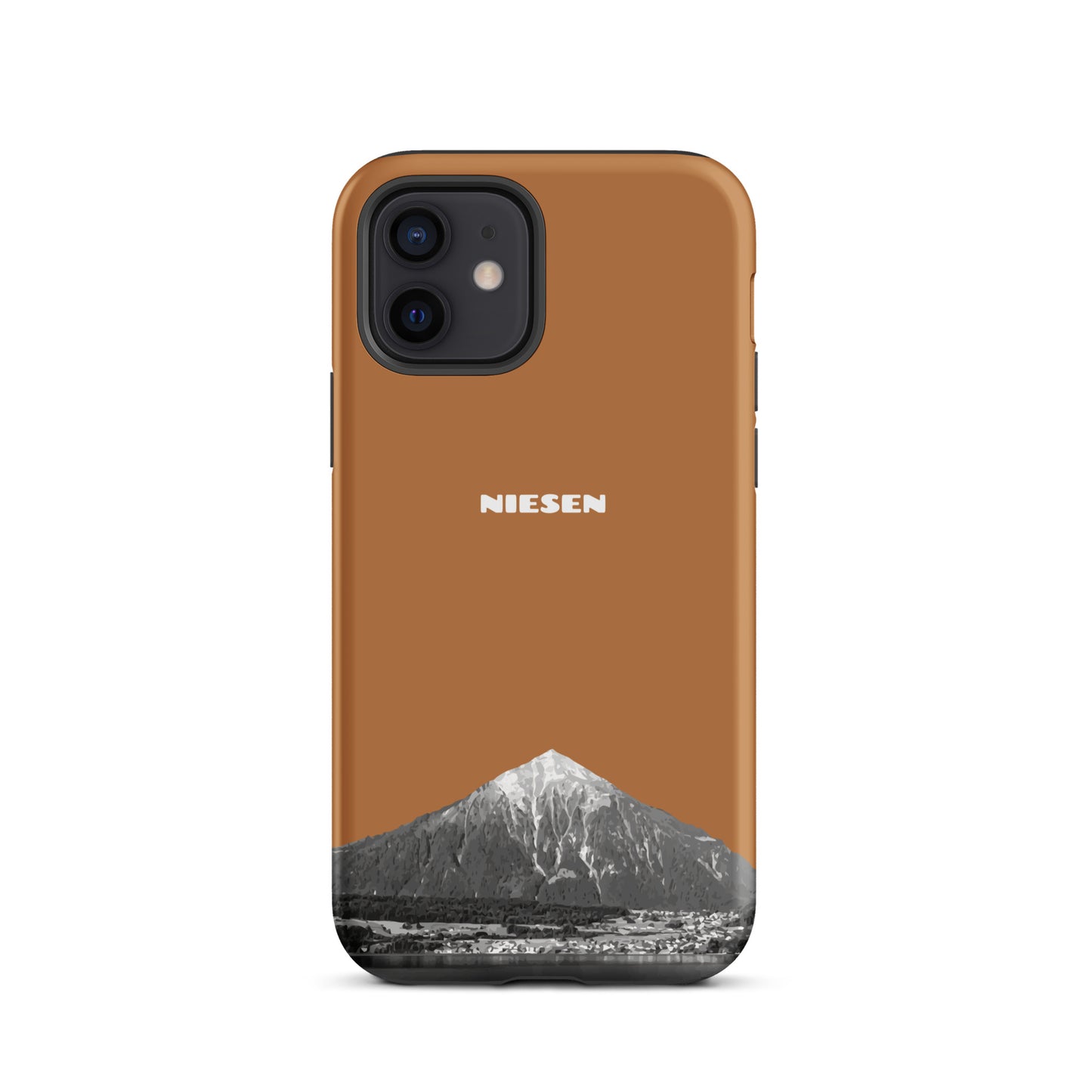 Kupferfarbene iPhone 12 Hülle mit matte Oberfläche und Niesen-Motiv aus dem Berner Oberland.