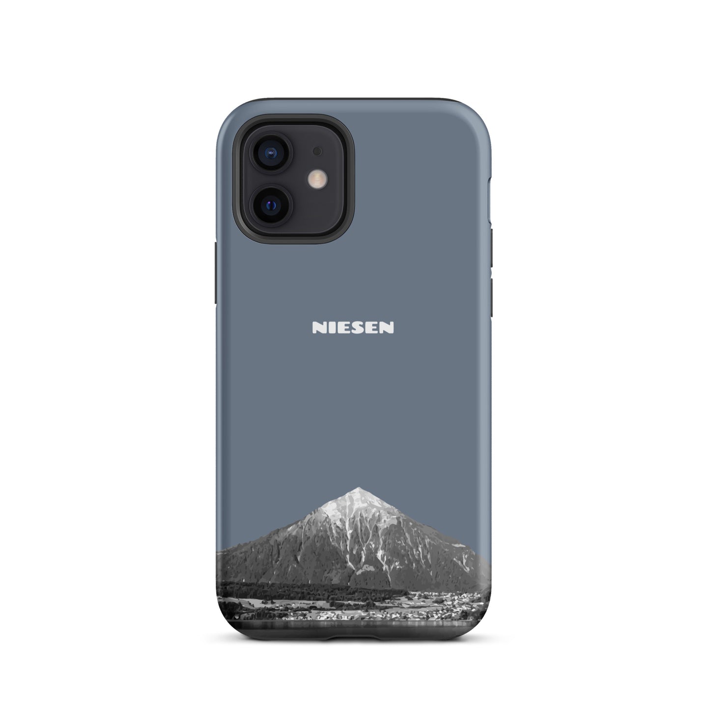 Schiefergraue iPhone 12 Handyhülle mit mattem Finish und Niesen-Motiv aus dem Berner Oberland.