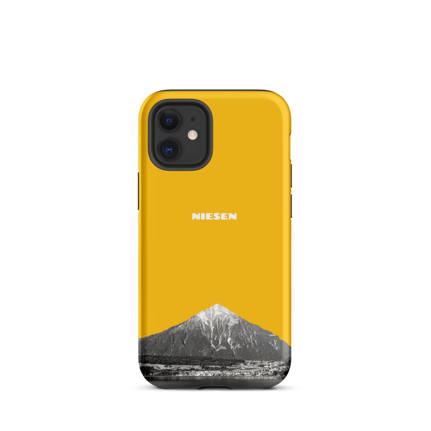 Goldgelbe iPhone 12 mini Handyhülle mit Niesen-Motiv, matt, robust, präzise Aussparungen.