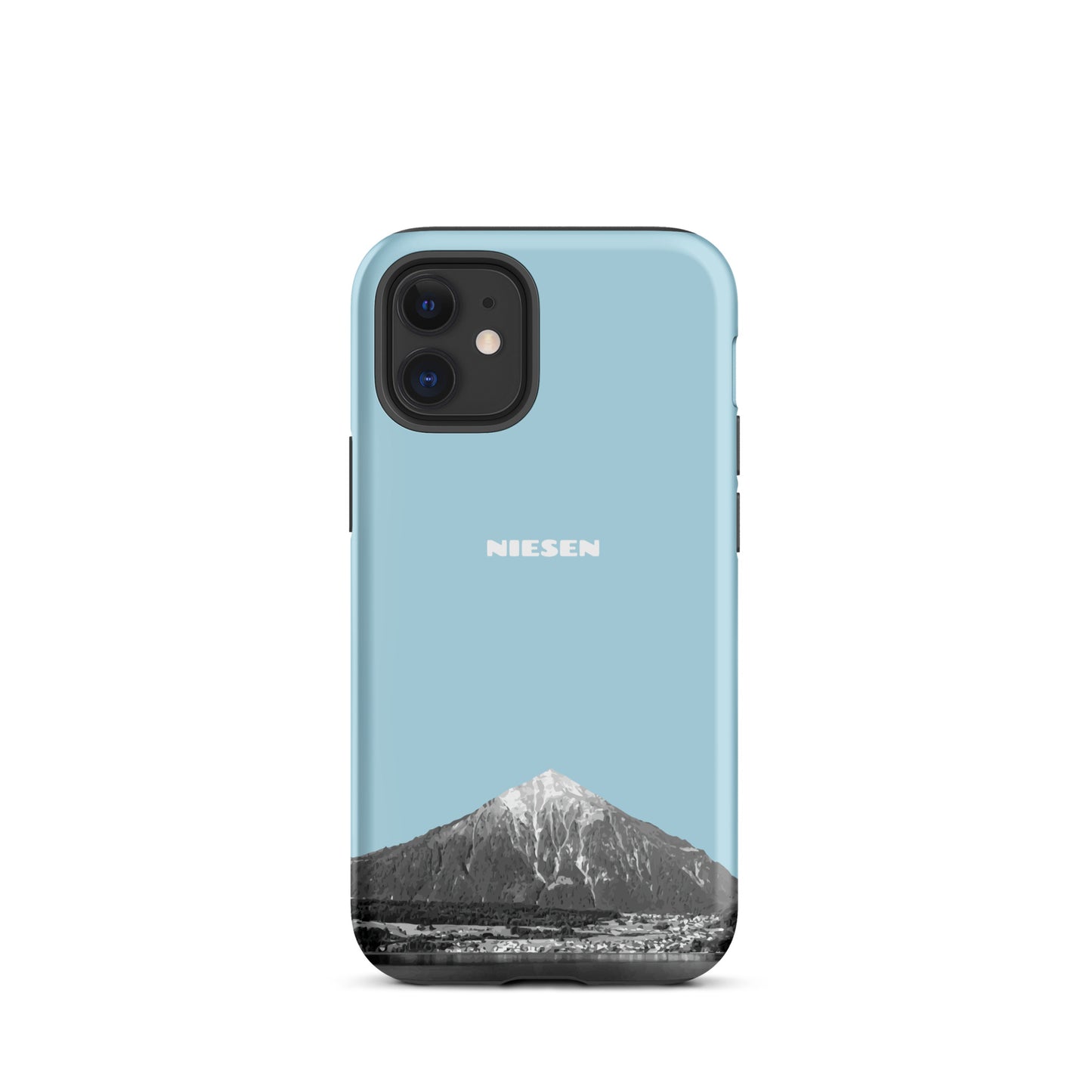 Robuste iPhone 12 mini Handyhülle in Hellblau mit Niesen-Motiv und mattem Finish