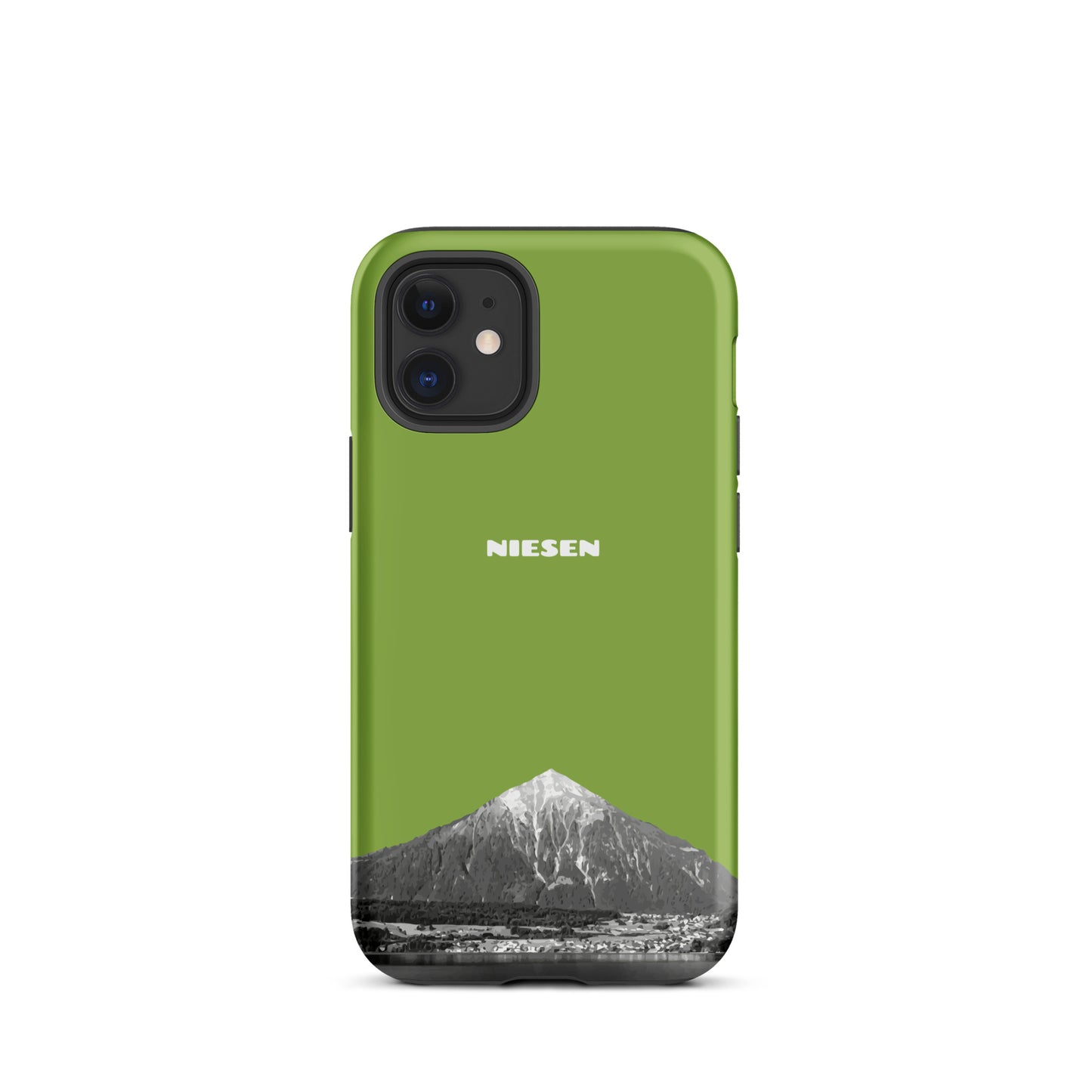 Gelbgrüne iPhone 12 mini Hülle mit Niesen-Motiv, mattes Finish, Thunersee-Ansicht.