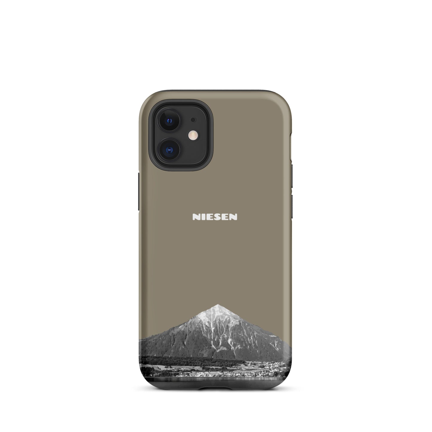 Graubraune iPhone 12 mini Handyhülle mit Niesen-Motiv am Thunersee, Vorderansicht, mattes Silikon.