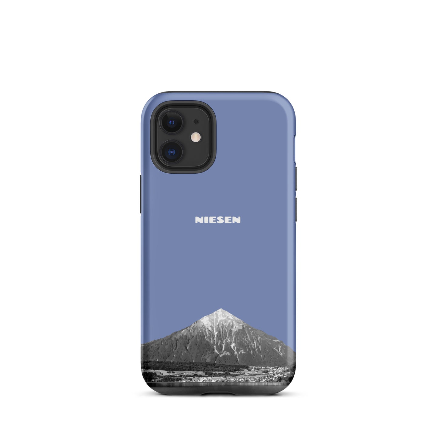 Pastellblaue iPhone 12 mini Hülle mit Niesen-Motiv, mattiert, stoßfest, präzise Ausschnitte, Berner Oberland Design.