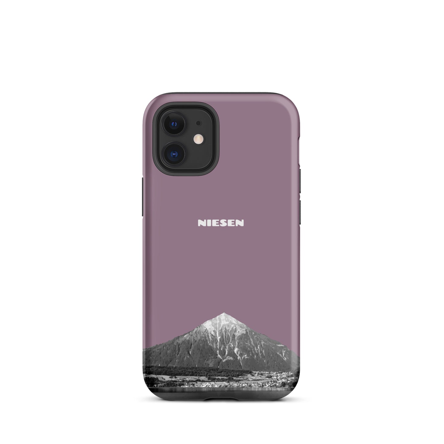 Matte iPhone 12 mini Handyhülle in Pastellviolett mit Niesen-Motiv am Thunersee im Berner Oberland.