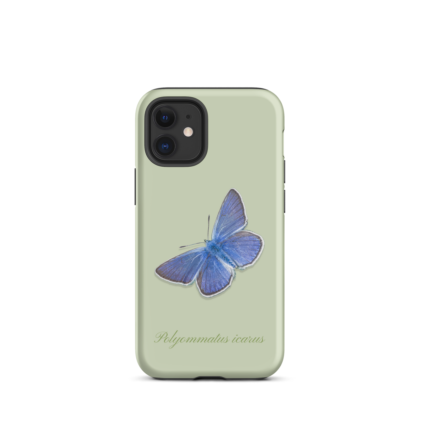 Matte Handyhülle für iPhone 12 Mini in Hellgrün, Bläuling Design, Vorderansicht.