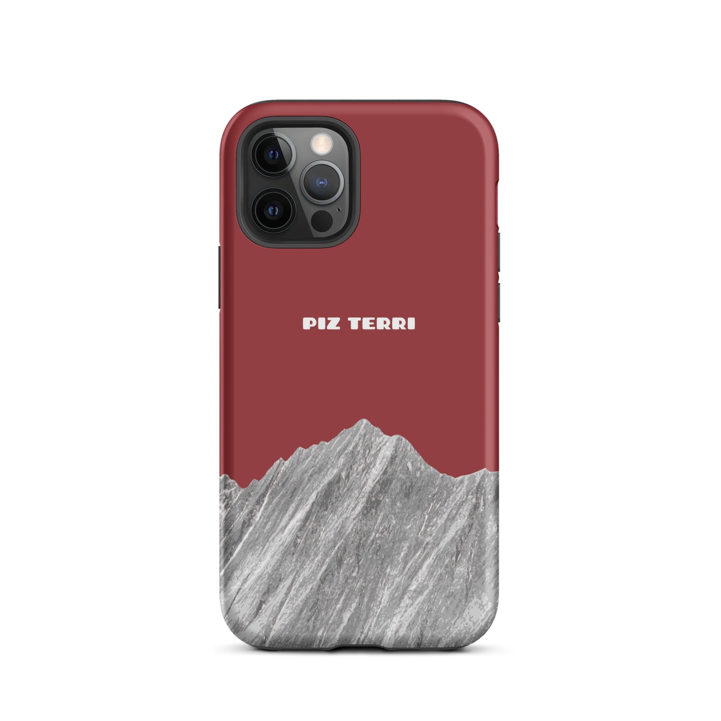 Rote iPhone Hülle mit Piz Terri Motiv, robustes Design, matte Oberfläche.